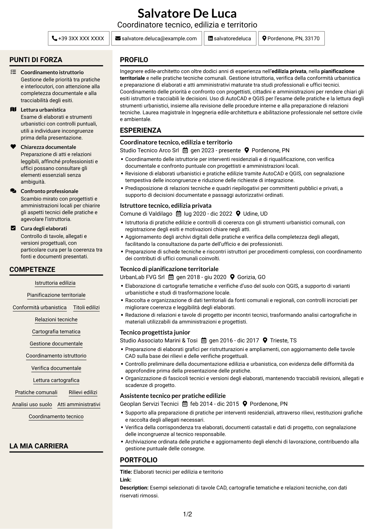 CV Intraprendente (formato a due colonne con intestazione centrata senza foto): Istruttore direttivo tecnico - Edilizia privata e pianificazione territoriale, pagina 1