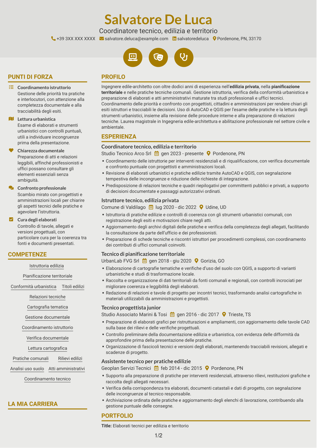 CV Dinamico (formato a due colonne con icone): Istruttore direttivo tecnico - Edilizia privata e pianificazione territoriale, pagina 1