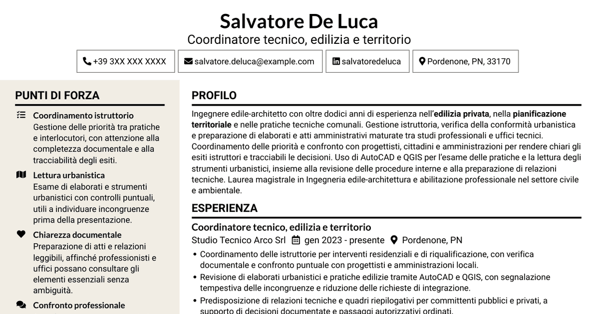 7 modelli di CV per Istruttore direttivo tecnico - Edilizia privata e pianificazione territoriale, con esempi