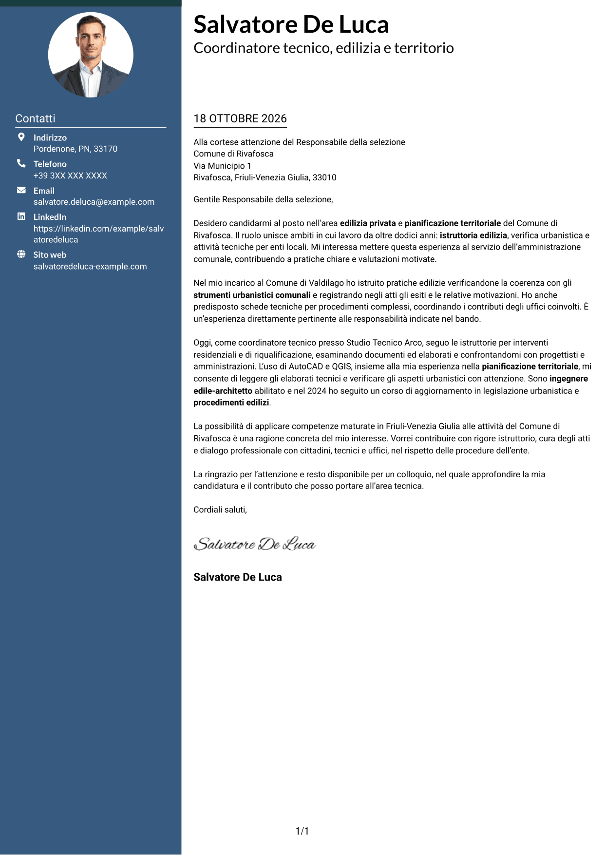 Lettera di presentazione Elegante (formato con colonna laterale colorata e foto): Istruttore direttivo tecnico - Edilizia privata e pianificazione territoriale, pagina 1