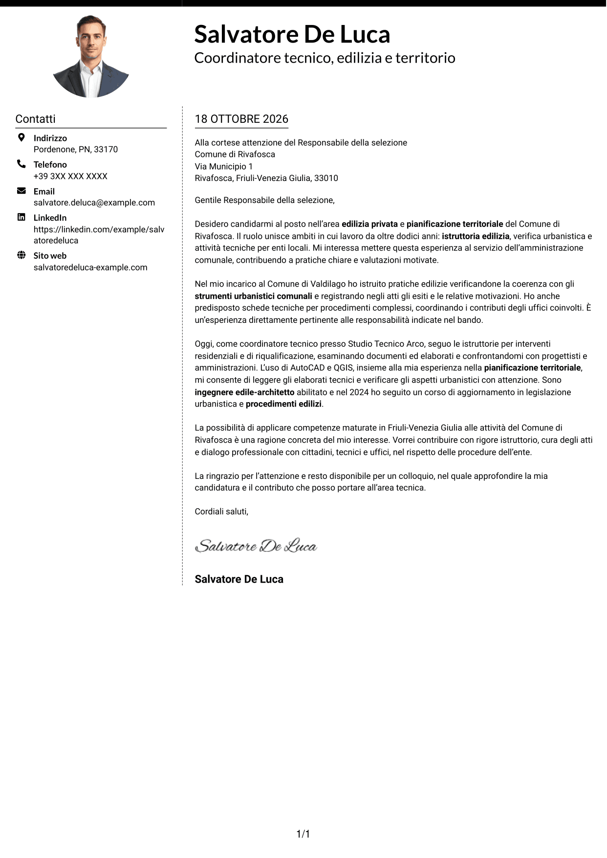 Lettera di presentazione Moderno (formato a due colonne con foto a sinistra e separatore): Istruttore direttivo tecnico - Edilizia privata e pianificazione territoriale, pagina 1