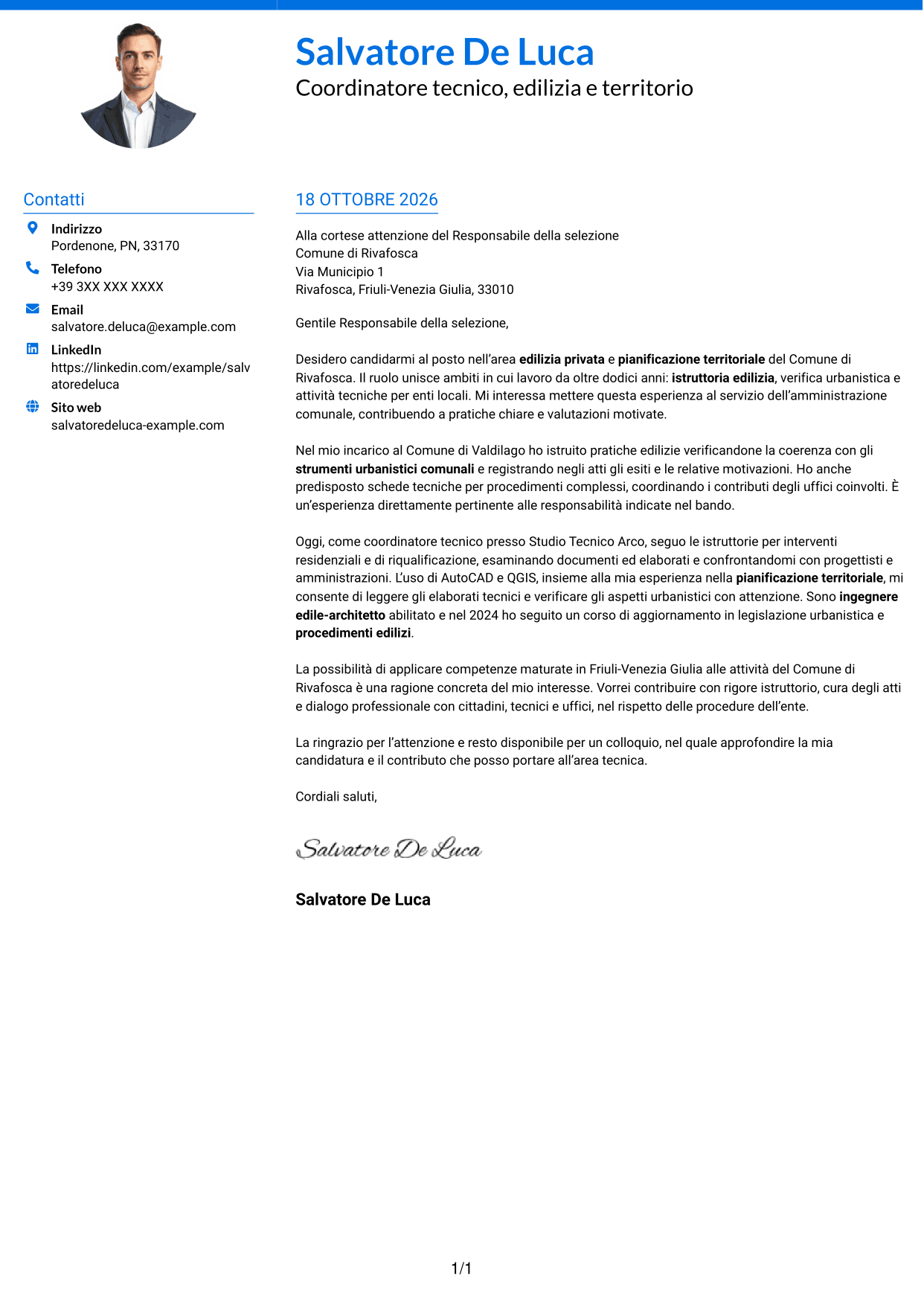 Lettera di presentazione Audace (formato a due colonne con accenti colorati e foto): Istruttore direttivo tecnico - Edilizia privata e pianificazione territoriale, pagina 1