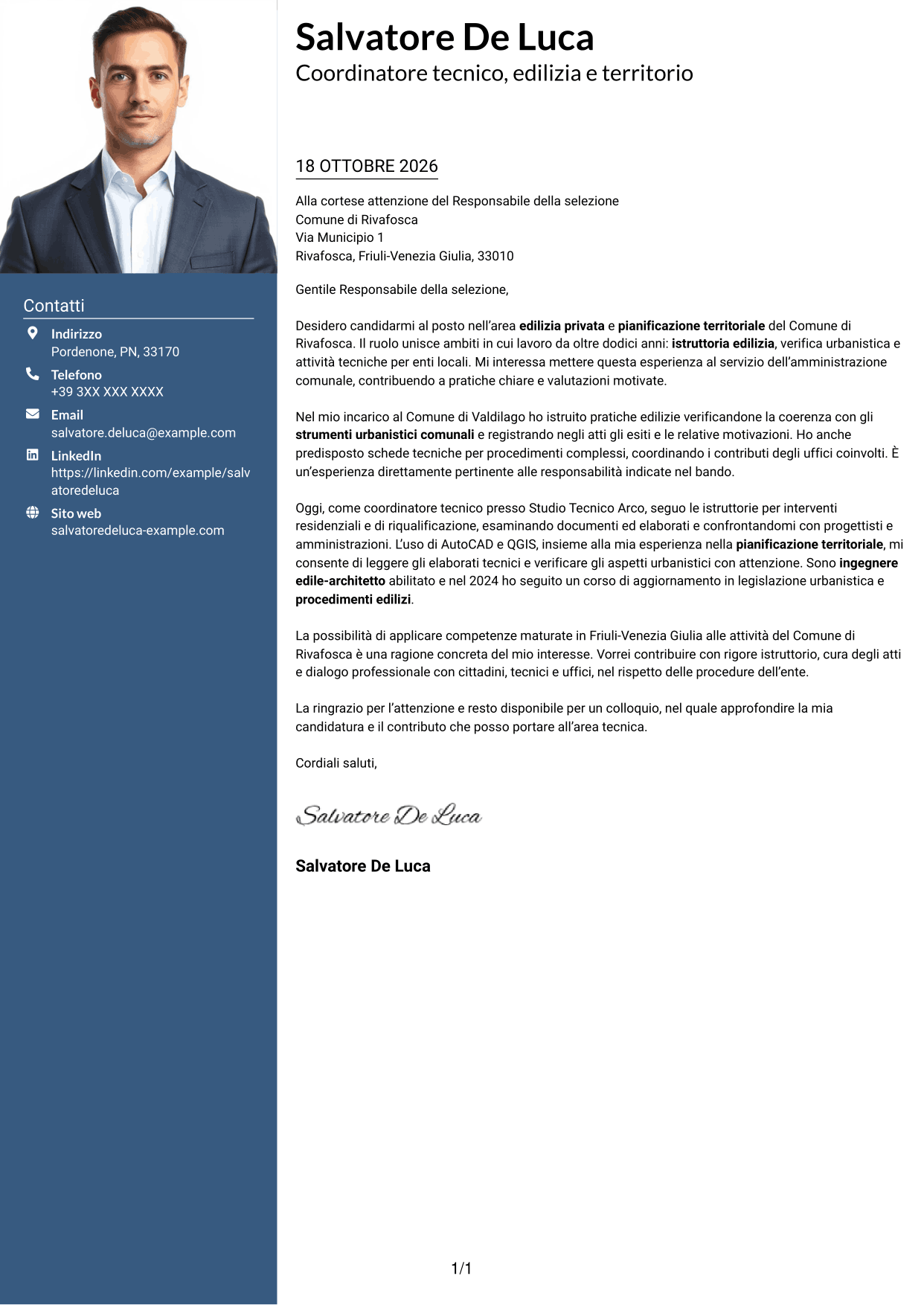 Lettera di presentazione Signature (formato con colonna laterale colorata e foto grande): Istruttore direttivo tecnico - Edilizia privata e pianificazione territoriale, pagina 1