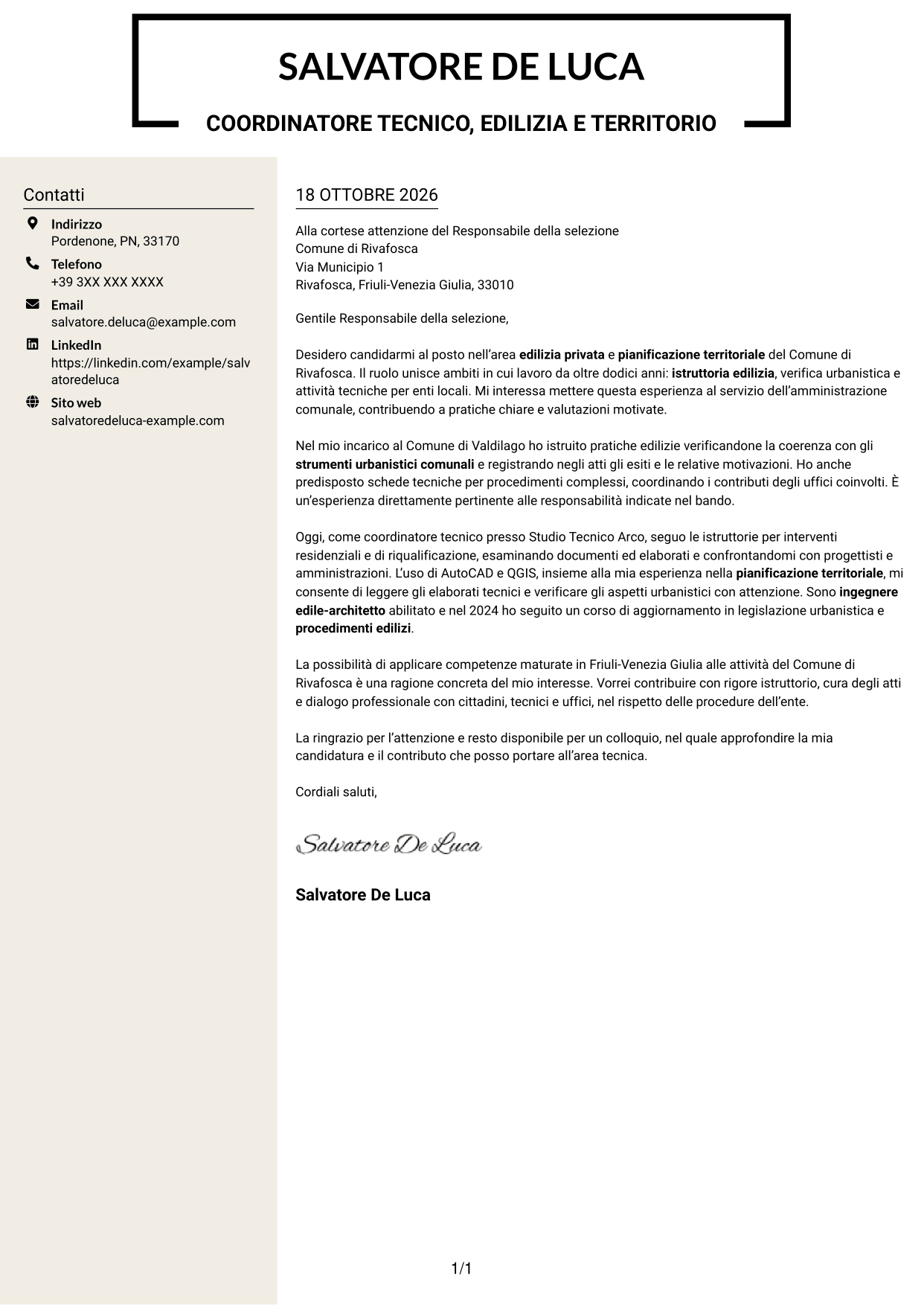 Lettera di presentazione Intraprendente (formato a due colonne con intestazione centrata senza foto): Istruttore direttivo tecnico - Edilizia privata e pianificazione territoriale, pagina 1