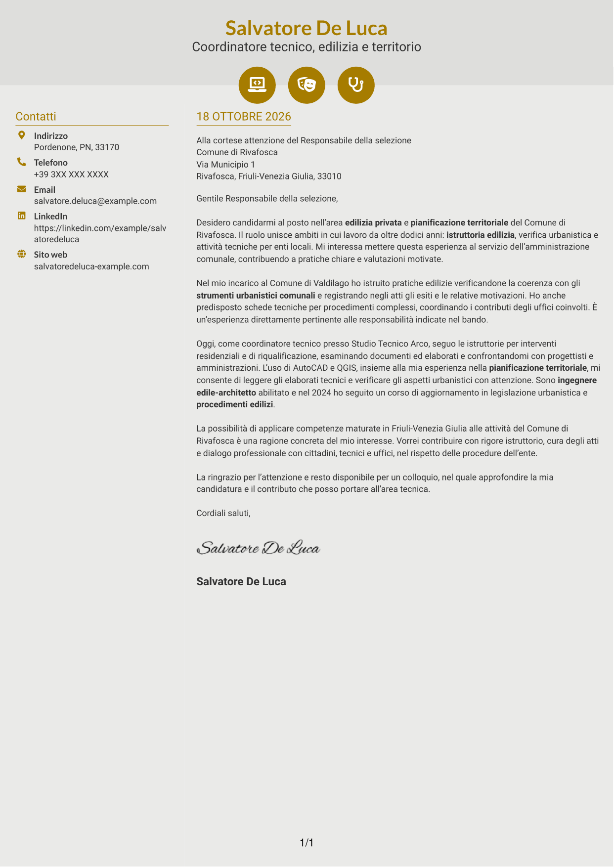 Lettera di presentazione Dinamico (formato a due colonne con icone): Istruttore direttivo tecnico - Edilizia privata e pianificazione territoriale, pagina 1