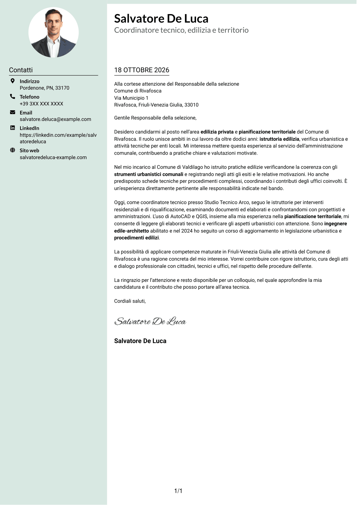 Lettera di presentazione Dirigente (formato con colonna laterale tenue e foto arrotondata): Istruttore direttivo tecnico - Edilizia privata e pianificazione territoriale, pagina 1