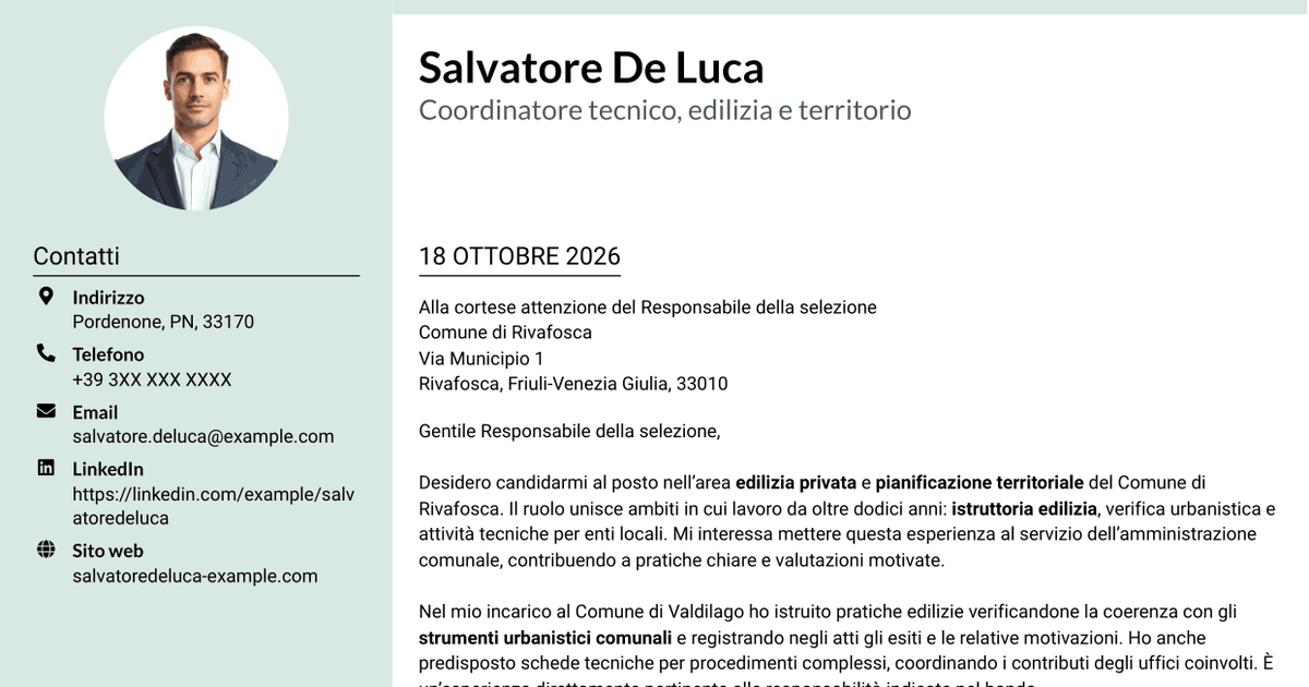 7 modelli di lettera di presentazione per Istruttore direttivo tecnico - Edilizia privata e pianificazione territoriale, con esempi