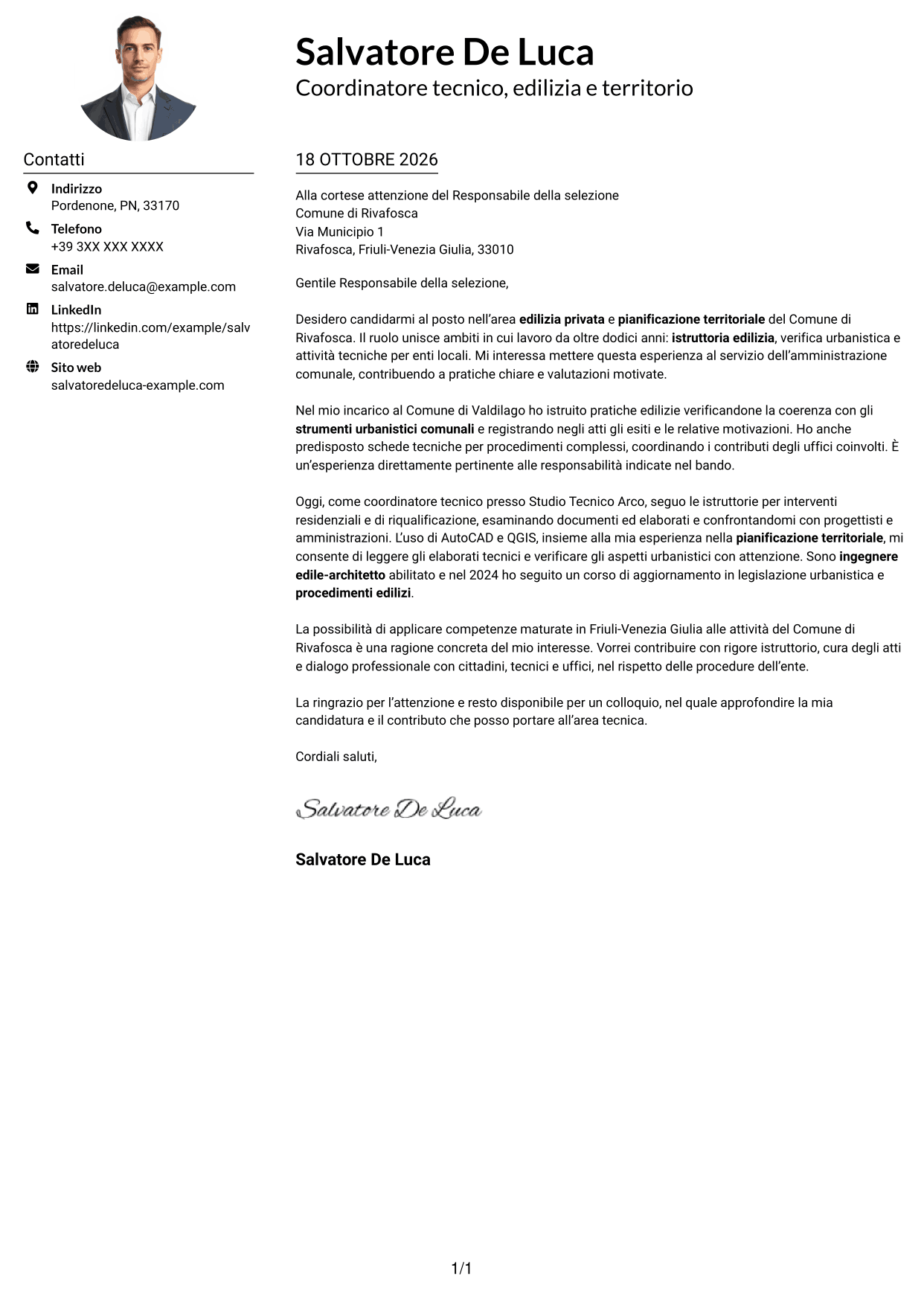 Esempio di lettera di presentazione — pagina 1
