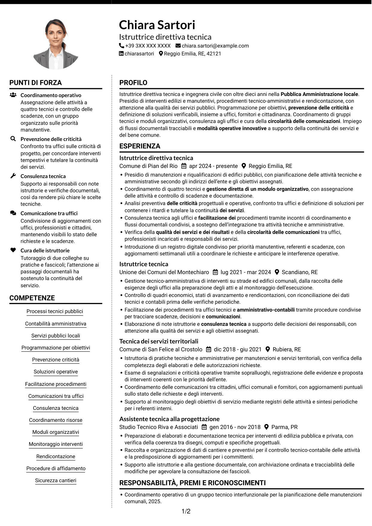 CV Moderno (formato a due colonne con foto a sinistra e separatore): Istruttore Direttivo Tecnico - Servizi tecnici pubblici, pagina 1