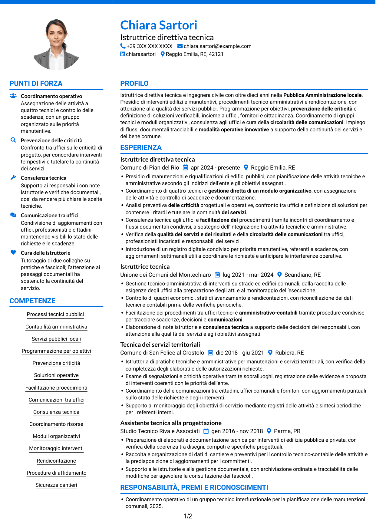 CV Audace (formato a due colonne con accenti colorati e foto): Istruttore Direttivo Tecnico - Servizi tecnici pubblici, pagina 1