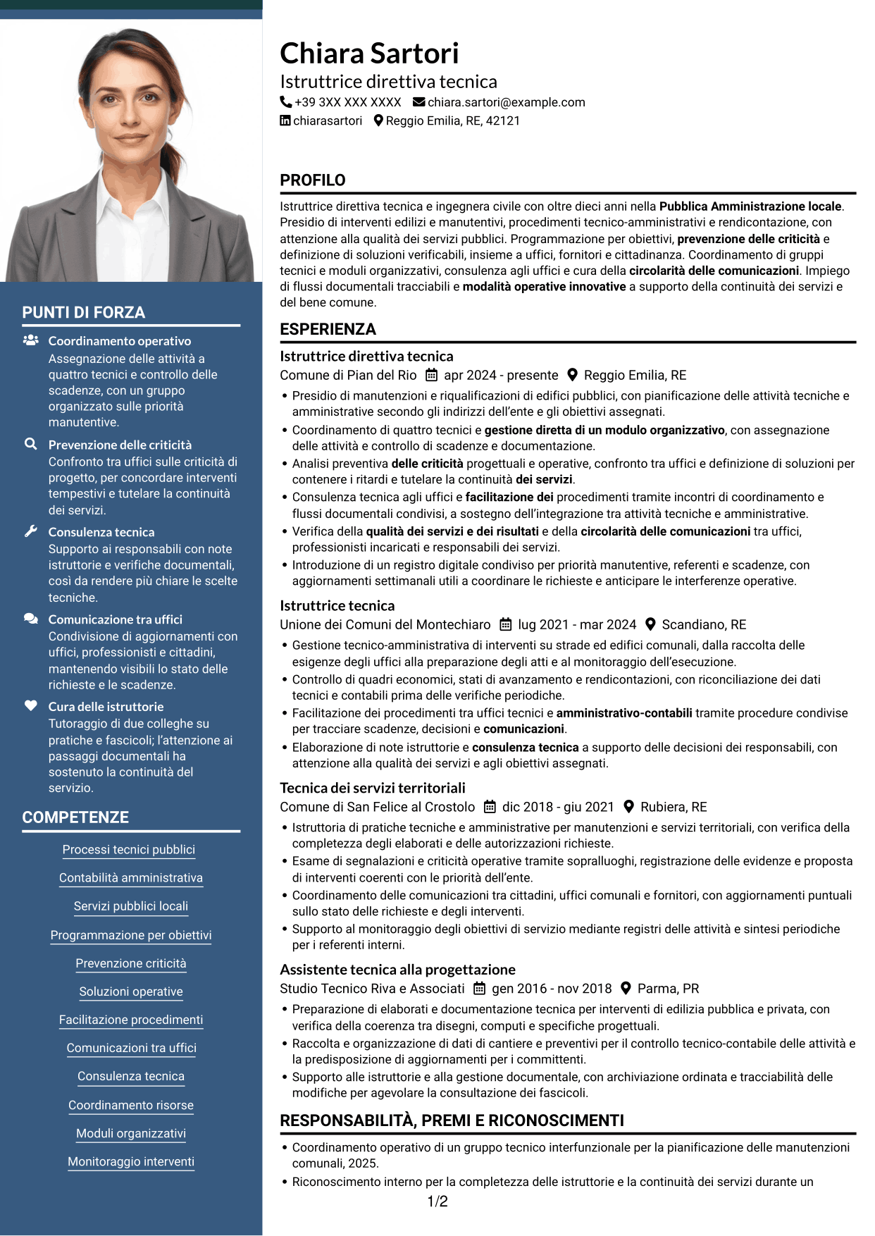 CV Signature (formato con colonna laterale colorata e foto grande): Istruttore Direttivo Tecnico - Servizi tecnici pubblici, pagina 1