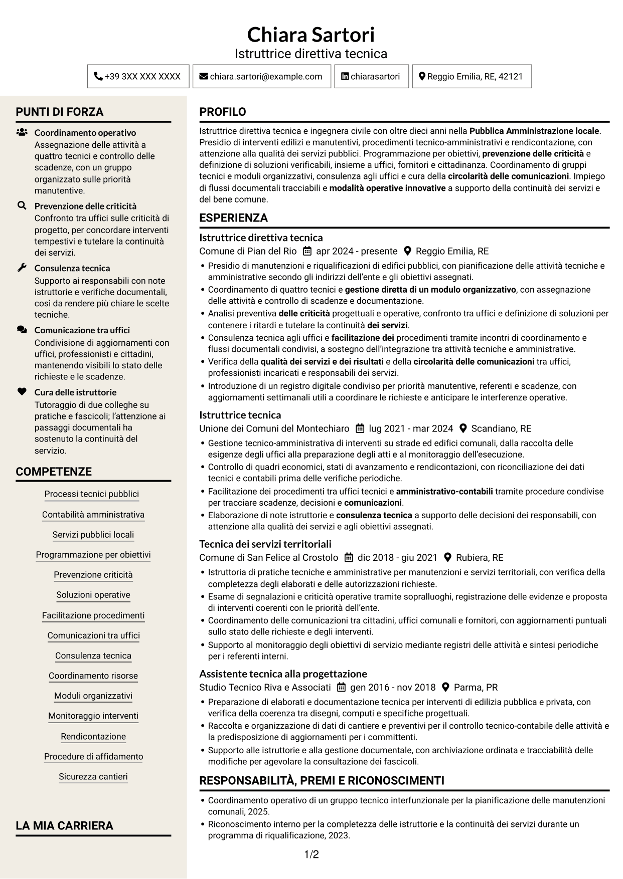 CV Intraprendente (formato a due colonne con intestazione centrata senza foto): Istruttore Direttivo Tecnico - Servizi tecnici pubblici, pagina 1