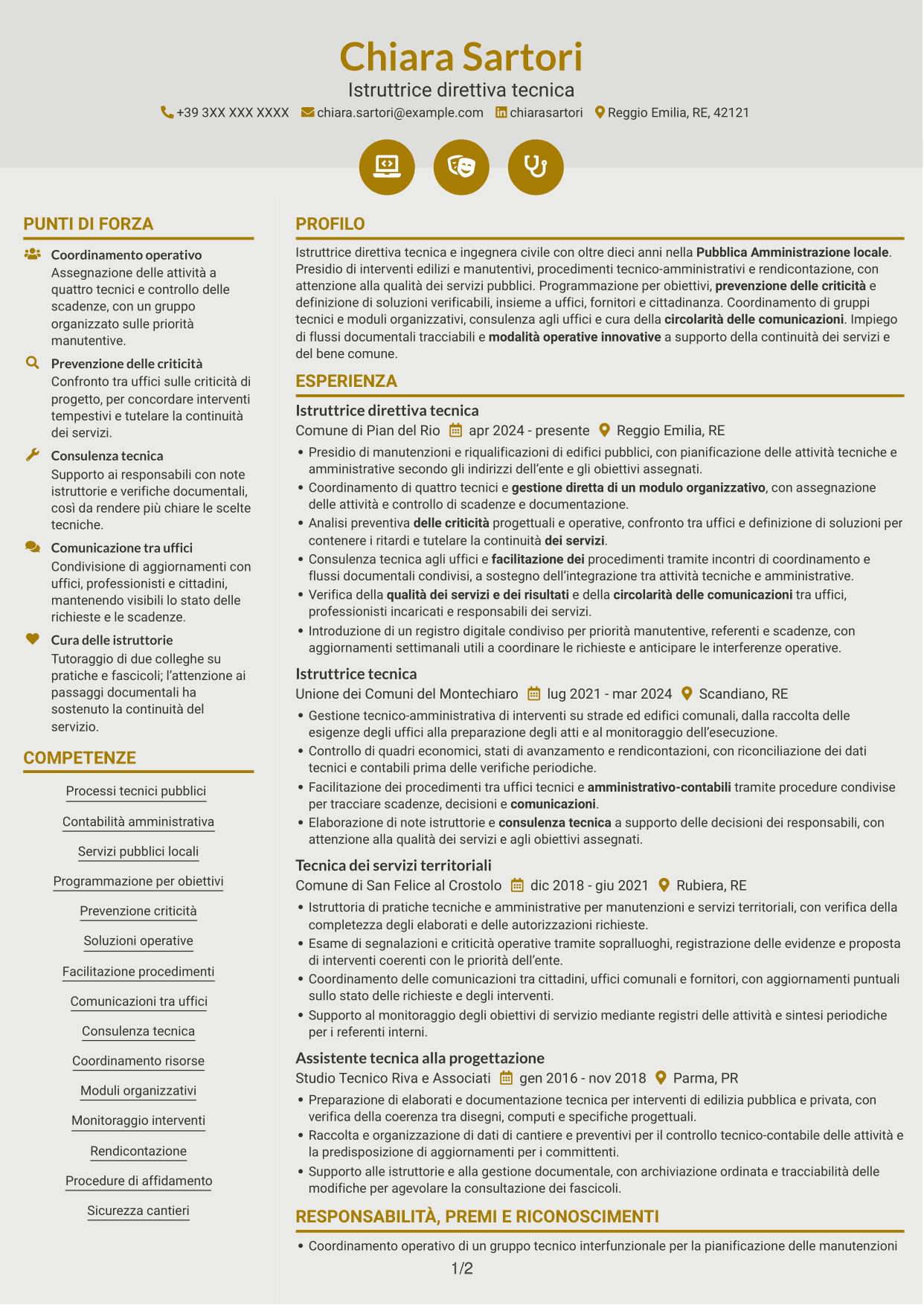 CV Dinamico (formato a due colonne con icone): Istruttore Direttivo Tecnico - Servizi tecnici pubblici, pagina 1