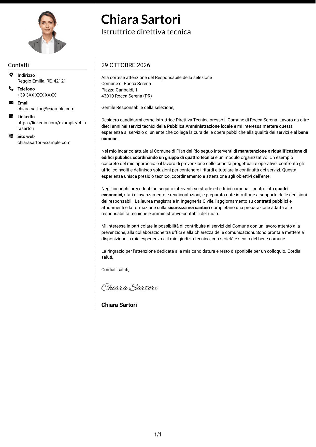 Lettera di presentazione Moderno (formato a due colonne con foto a sinistra e separatore): Istruttore Direttivo Tecnico - Servizi tecnici pubblici, pagina 1
