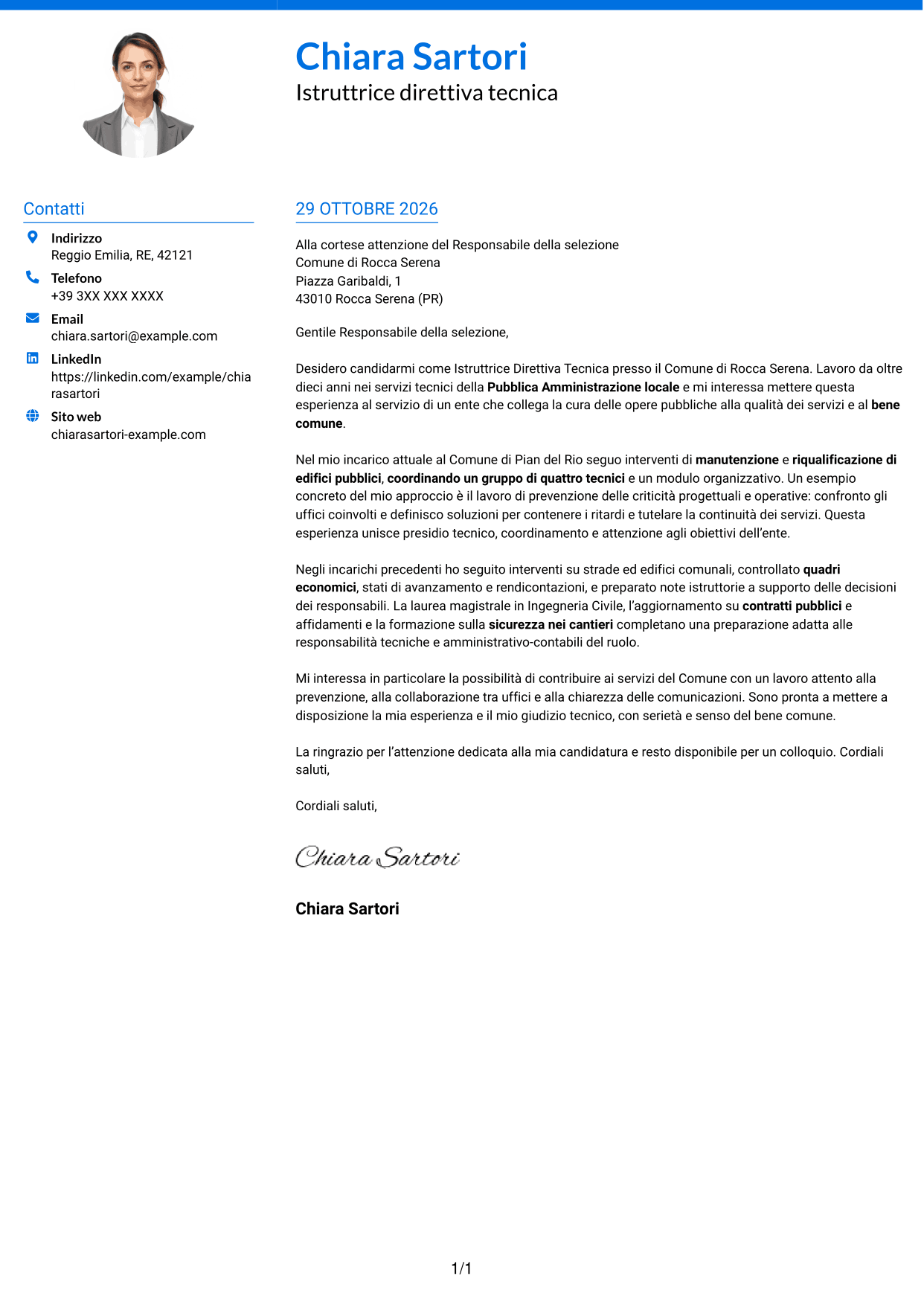 Lettera di presentazione Audace (formato a due colonne con accenti colorati e foto): Istruttore Direttivo Tecnico - Servizi tecnici pubblici, pagina 1