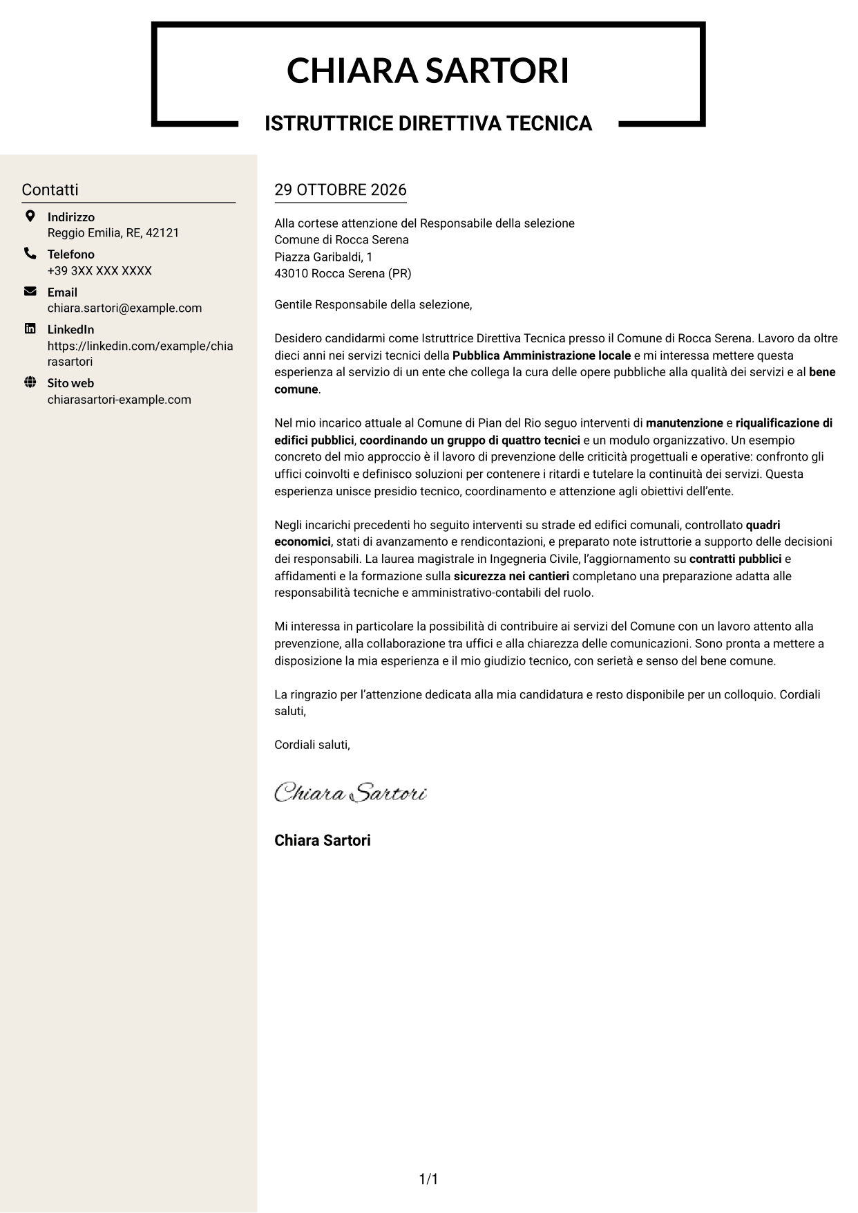 Lettera di presentazione Intraprendente (formato a due colonne con intestazione centrata senza foto): Istruttore Direttivo Tecnico - Servizi tecnici pubblici, pagina 1