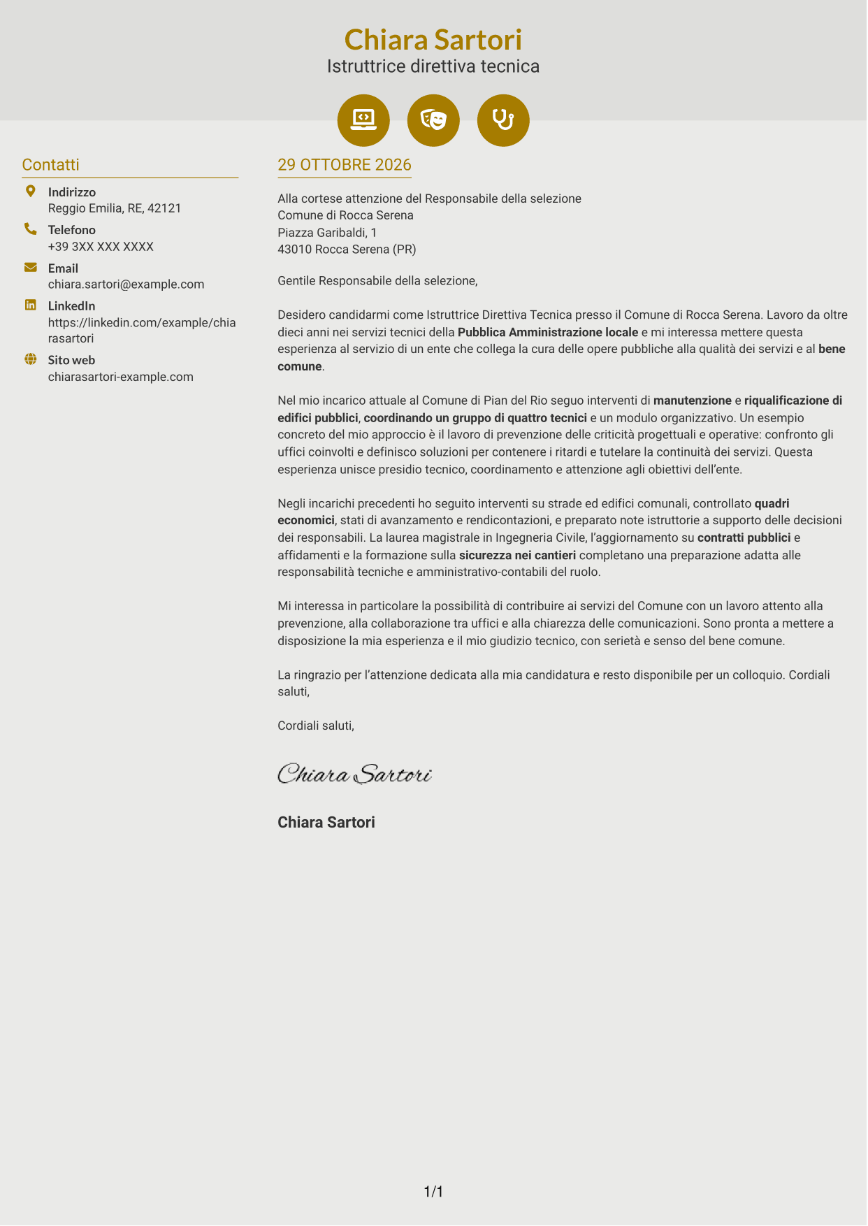 Lettera di presentazione Dinamico (formato a due colonne con icone): Istruttore Direttivo Tecnico - Servizi tecnici pubblici, pagina 1