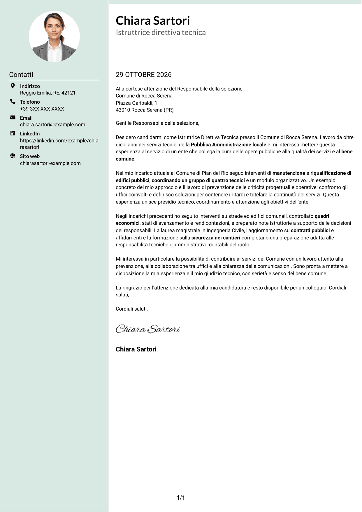 Lettera di presentazione Dirigente (formato con colonna laterale tenue e foto arrotondata): Istruttore Direttivo Tecnico - Servizi tecnici pubblici, pagina 1
