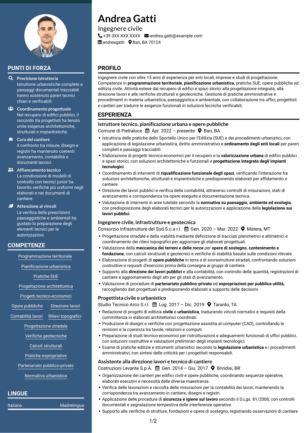 CV Elegante (formato con colonna laterale colorata e foto): Istruttore direttivo tecnico - Urbanistica e opere pubbliche, pagina 1