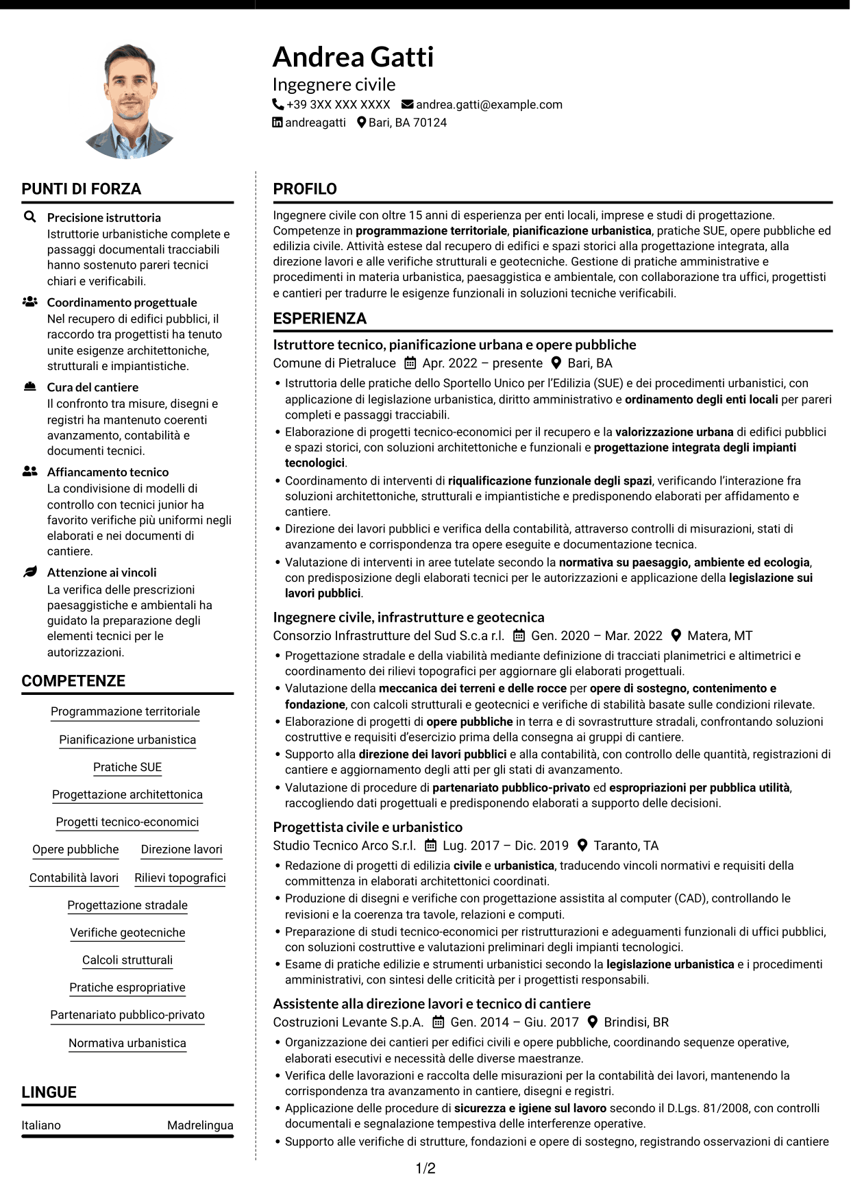 CV Moderno (formato a due colonne con foto a sinistra e separatore): Istruttore direttivo tecnico - Urbanistica e opere pubbliche, pagina 1