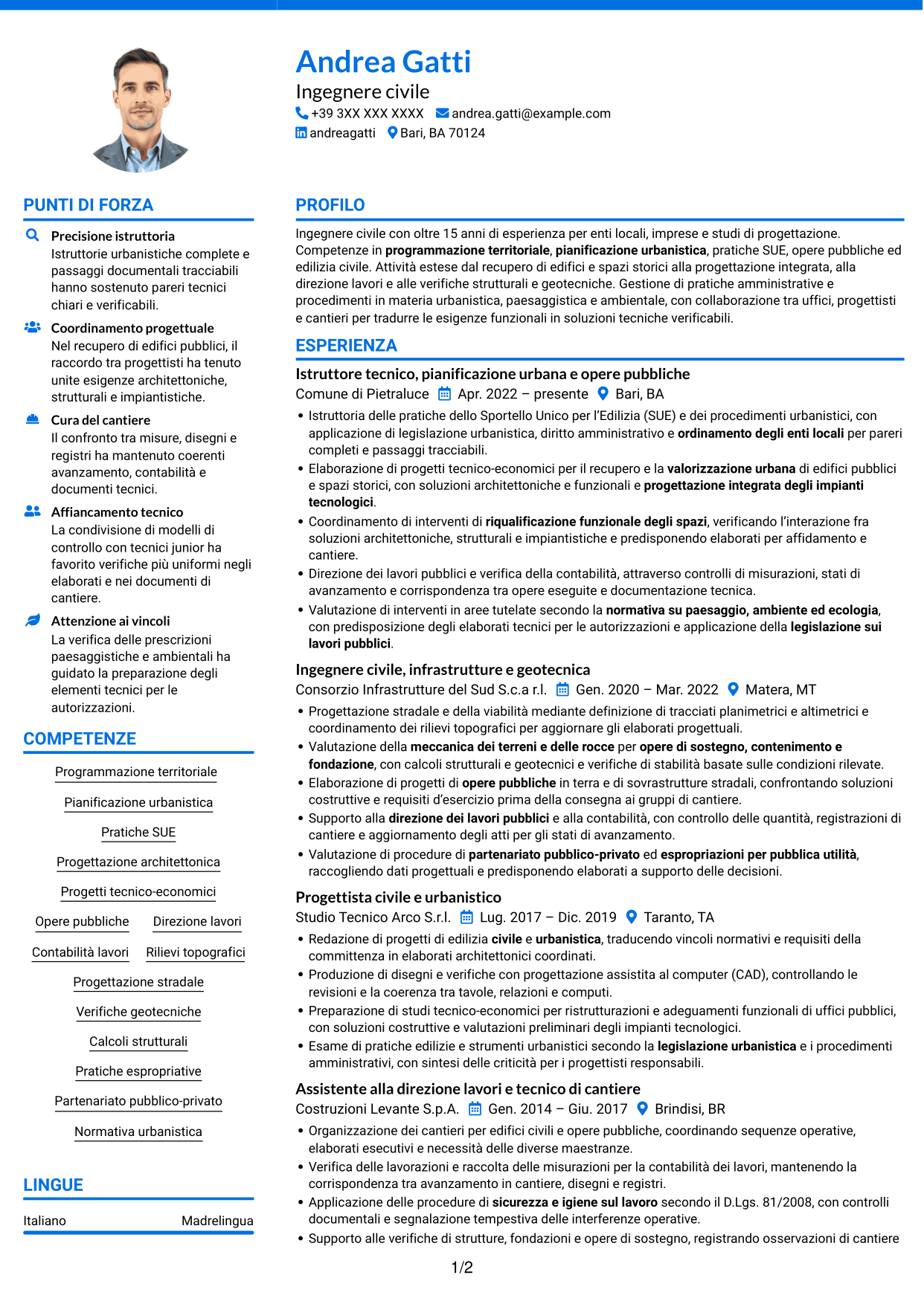 CV Audace (formato a due colonne con accenti colorati e foto): Istruttore direttivo tecnico - Urbanistica e opere pubbliche, pagina 1