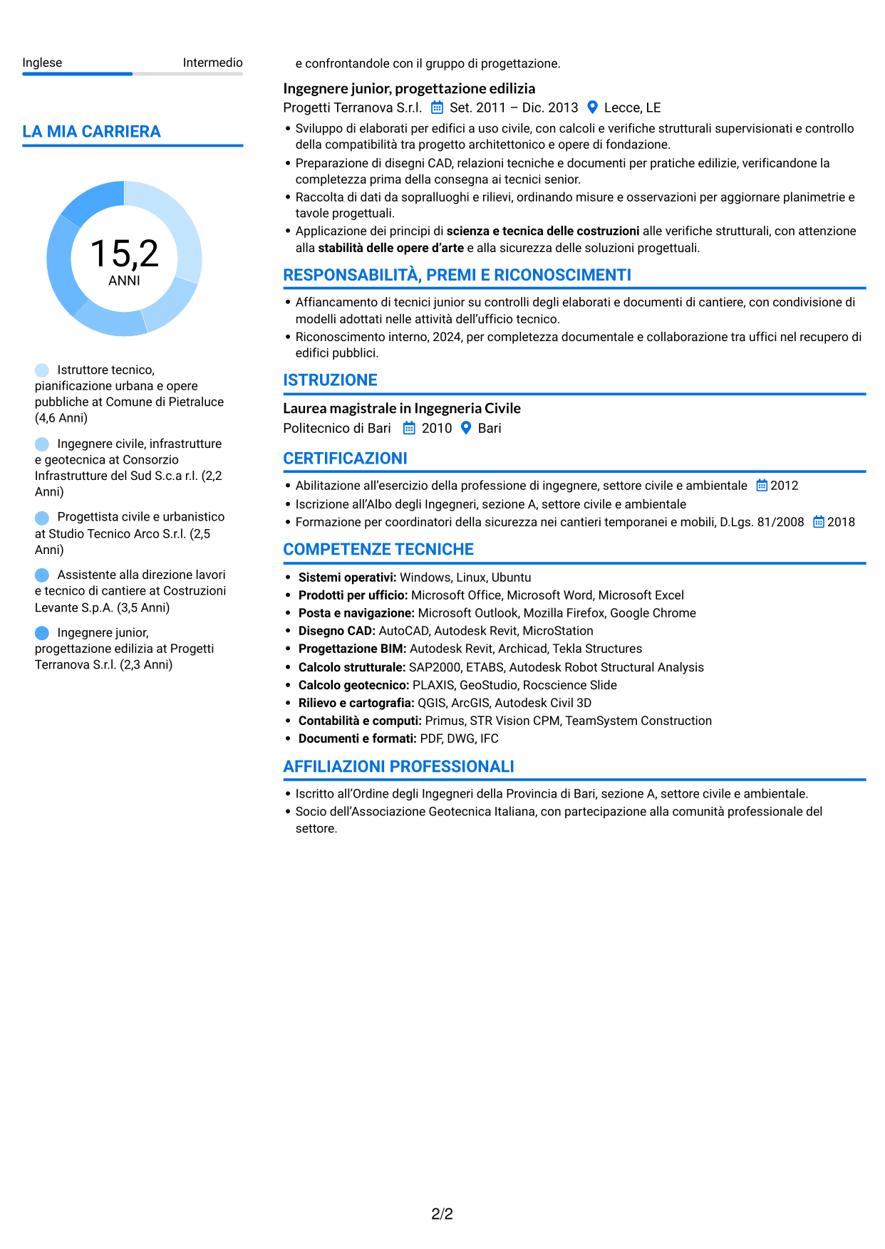 CV Audace (formato a due colonne con accenti colorati e foto): Istruttore direttivo tecnico - Urbanistica e opere pubbliche, pagina 2
