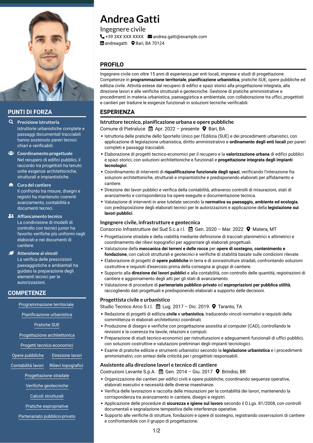 CV Signature (formato con colonna laterale colorata e foto grande): Istruttore direttivo tecnico - Urbanistica e opere pubbliche, pagina 1
