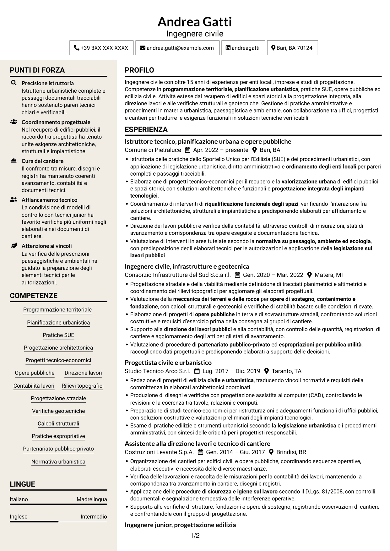 CV Intraprendente (formato a due colonne con intestazione centrata senza foto): Istruttore direttivo tecnico - Urbanistica e opere pubbliche, pagina 1