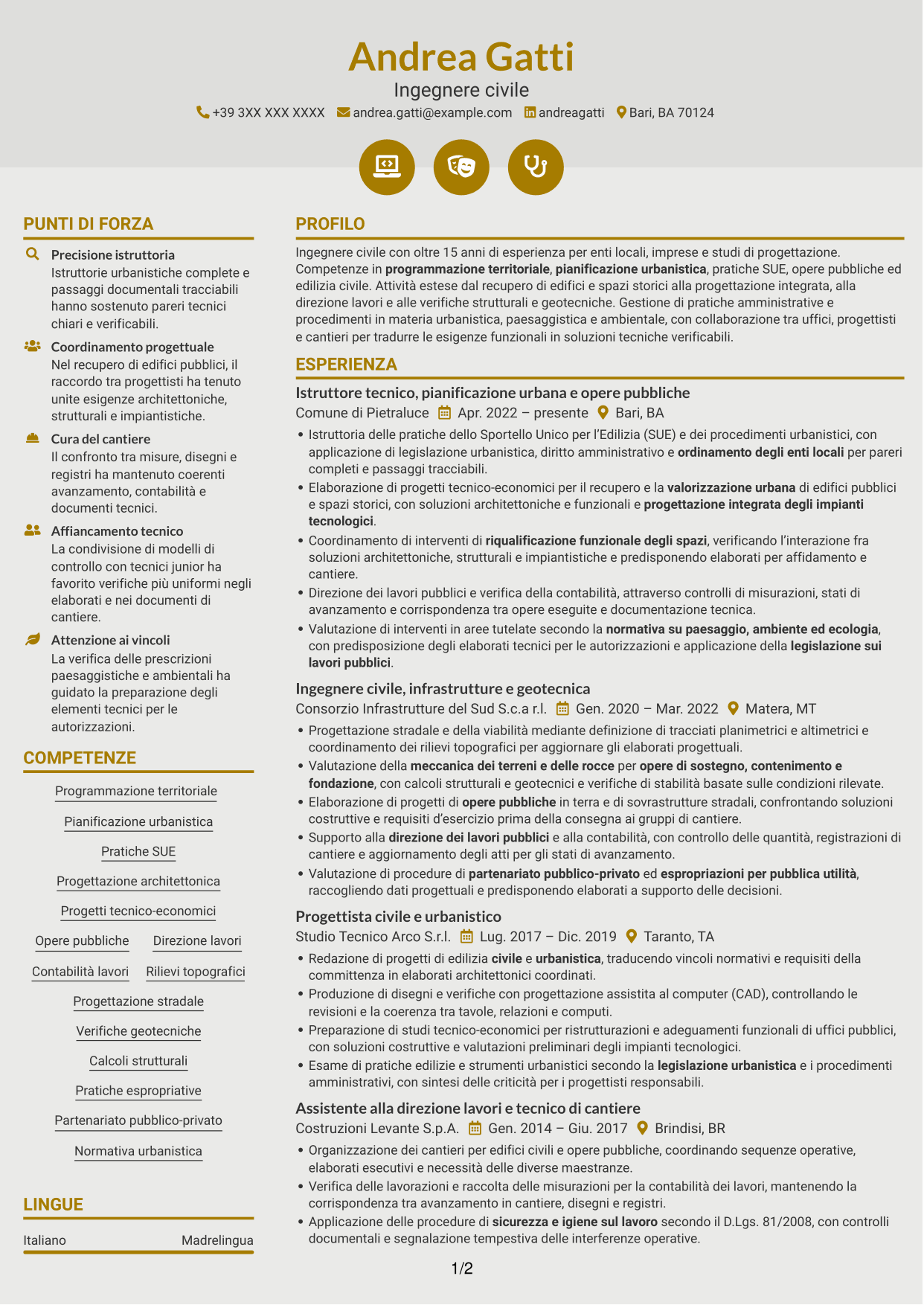 CV Dinamico (formato a due colonne con icone): Istruttore direttivo tecnico - Urbanistica e opere pubbliche, pagina 1
