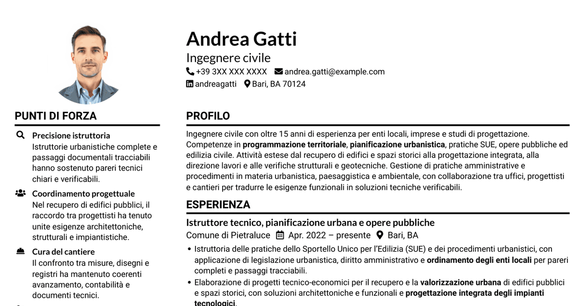 7 modelli di CV per Istruttore direttivo tecnico - Urbanistica e opere pubbliche, con esempi