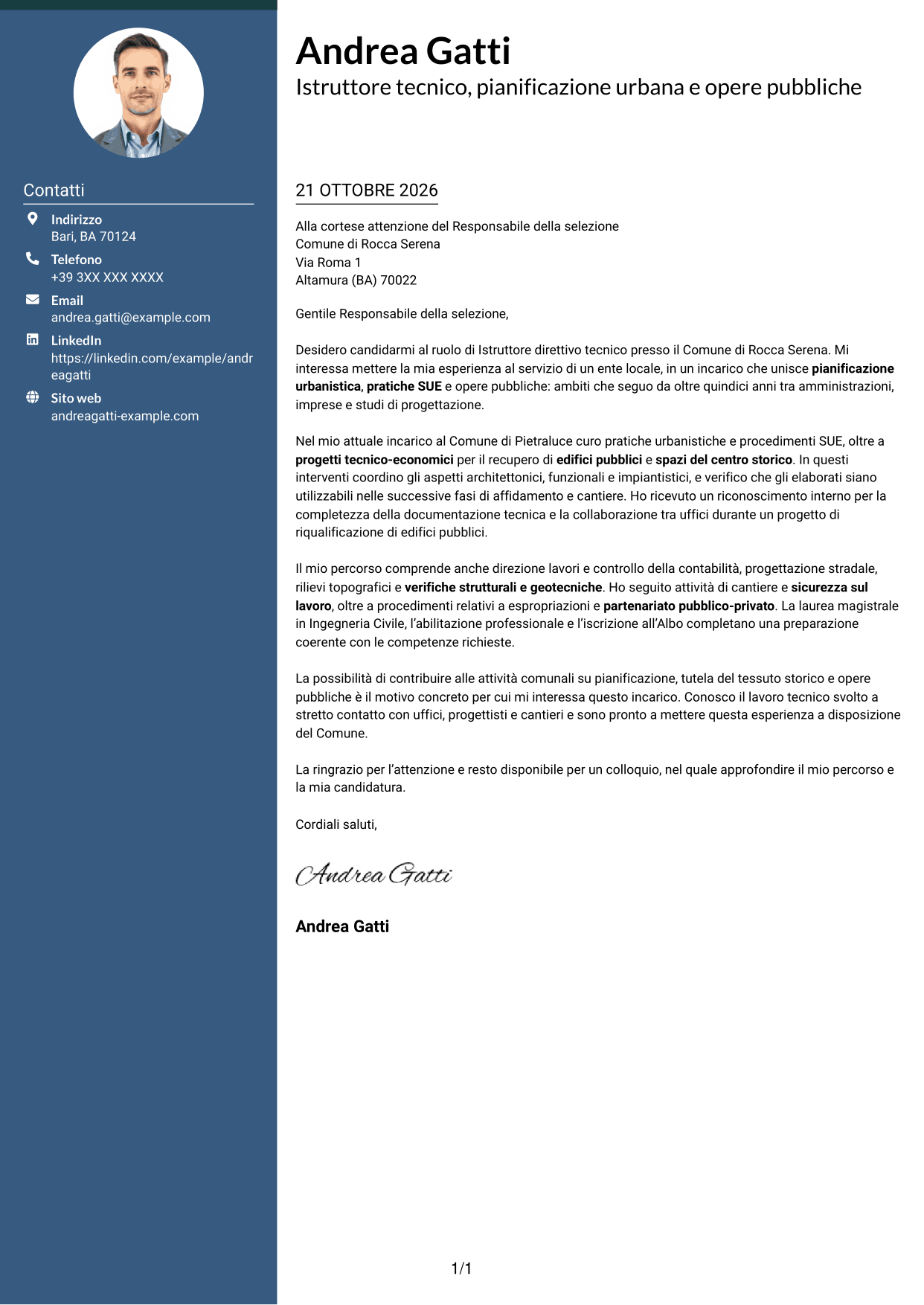 Lettera di presentazione Elegante (formato con colonna laterale colorata e foto): Istruttore direttivo tecnico - Urbanistica e opere pubbliche, pagina 1