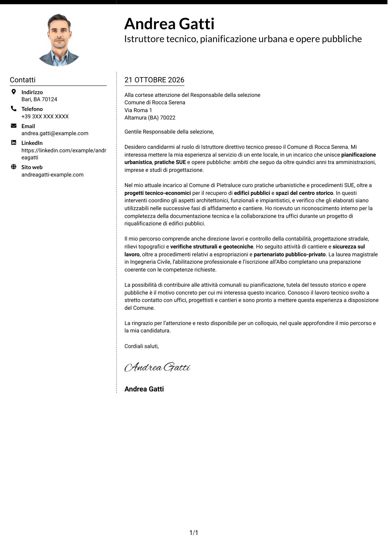 Lettera di presentazione Moderno (formato a due colonne con foto a sinistra e separatore): Istruttore direttivo tecnico - Urbanistica e opere pubbliche, pagina 1