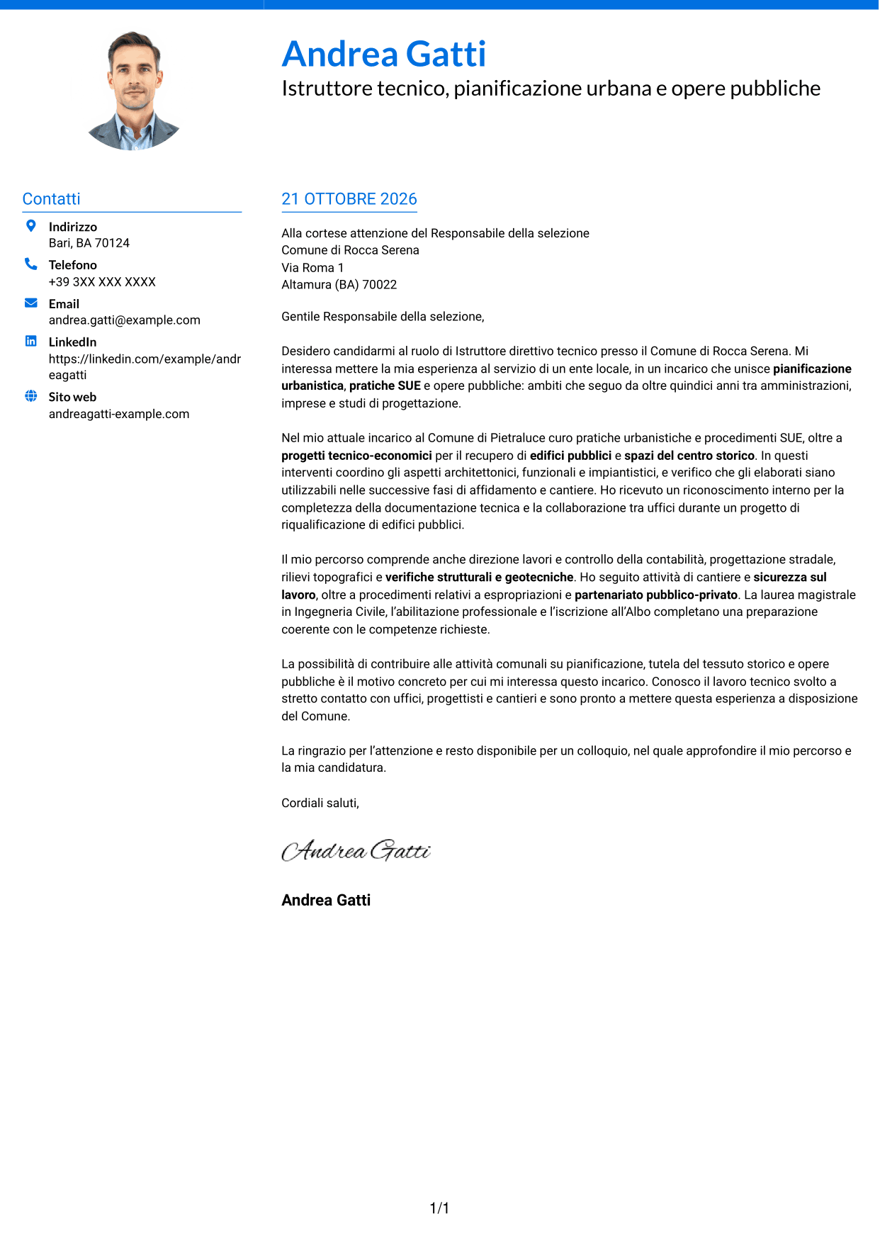 Lettera di presentazione Audace (formato a due colonne con accenti colorati e foto): Istruttore direttivo tecnico - Urbanistica e opere pubbliche, pagina 1