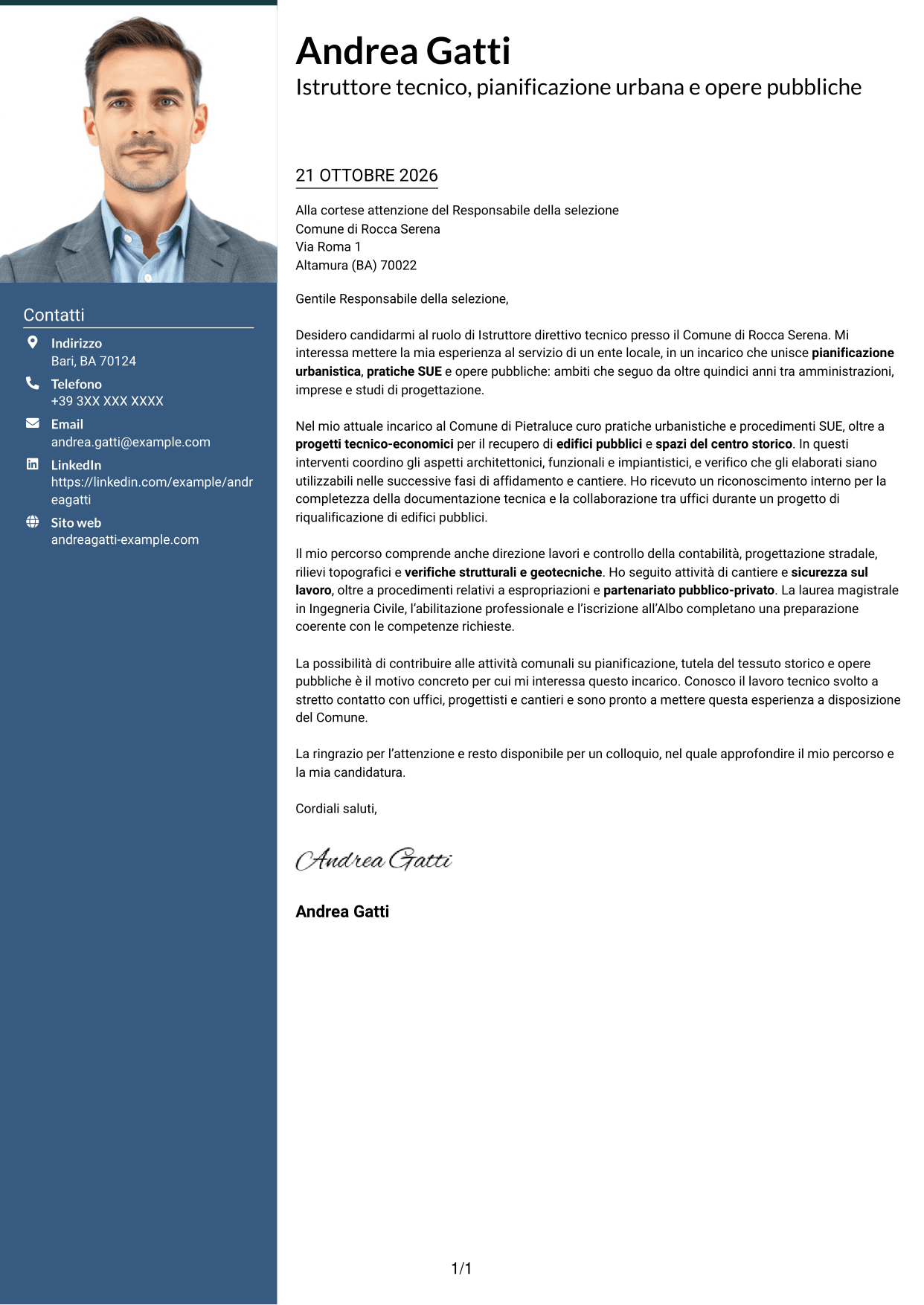Lettera di presentazione Signature (formato con colonna laterale colorata e foto grande): Istruttore direttivo tecnico - Urbanistica e opere pubbliche, pagina 1
