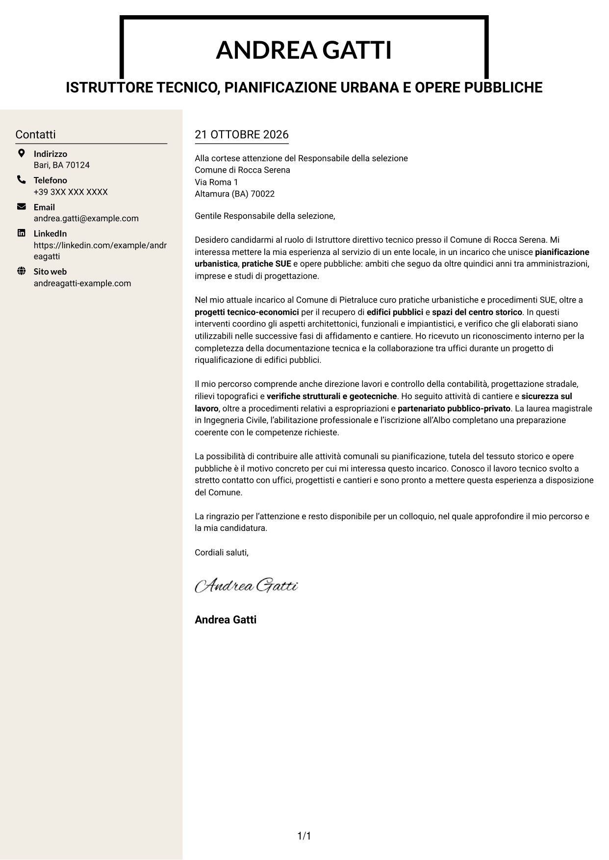 Lettera di presentazione Intraprendente (formato a due colonne con intestazione centrata senza foto): Istruttore direttivo tecnico - Urbanistica e opere pubbliche, pagina 1