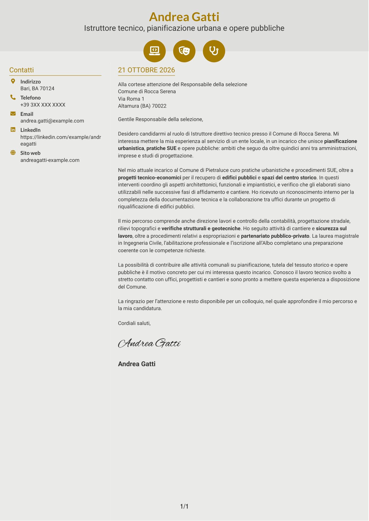 Lettera di presentazione Dinamico (formato a due colonne con icone): Istruttore direttivo tecnico - Urbanistica e opere pubbliche, pagina 1