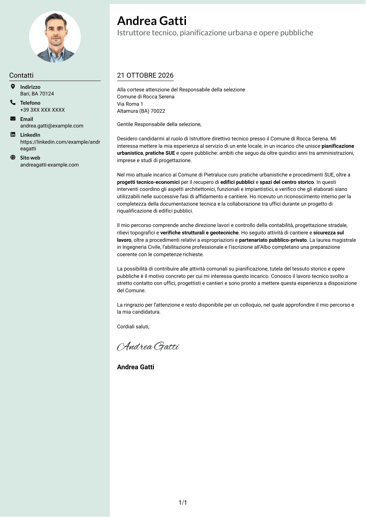 Lettera di presentazione Dirigente (formato con colonna laterale tenue e foto arrotondata): Istruttore direttivo tecnico - Urbanistica e opere pubbliche, pagina 1