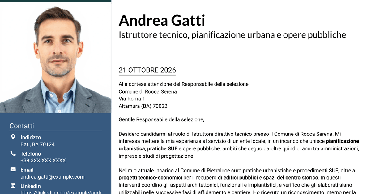 7 modelli di lettera di presentazione per Istruttore direttivo tecnico - Urbanistica e opere pubbliche, con esempi