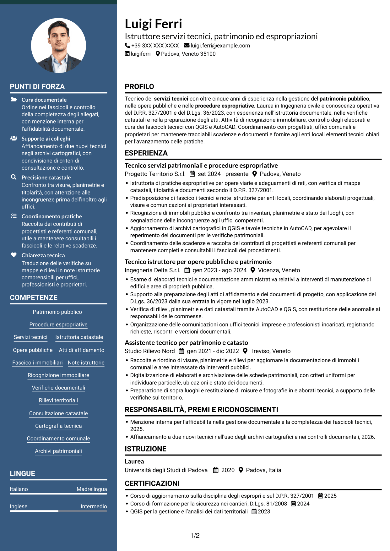 CV Elegante (formato con colonna laterale colorata e foto): Istruttore servizi tecnici - Patrimonio ed espropriazioni, pagina 1