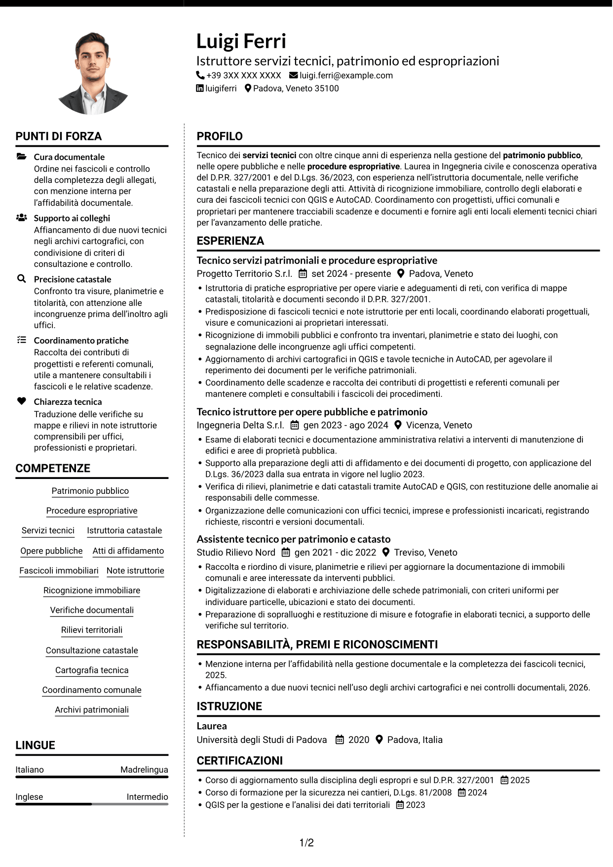 CV Moderno (formato a due colonne con foto a sinistra e separatore): Istruttore servizi tecnici - Patrimonio ed espropriazioni, pagina 1