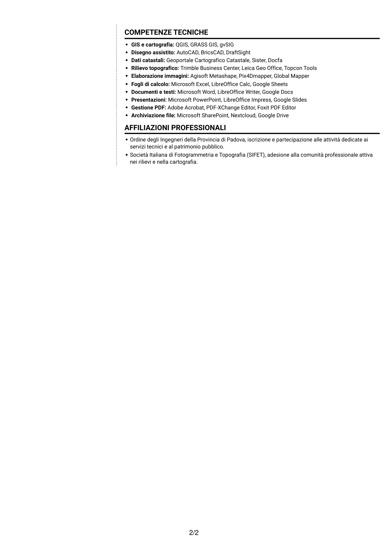 CV Moderno (formato a due colonne con foto a sinistra e separatore): Istruttore servizi tecnici - Patrimonio ed espropriazioni, pagina 2