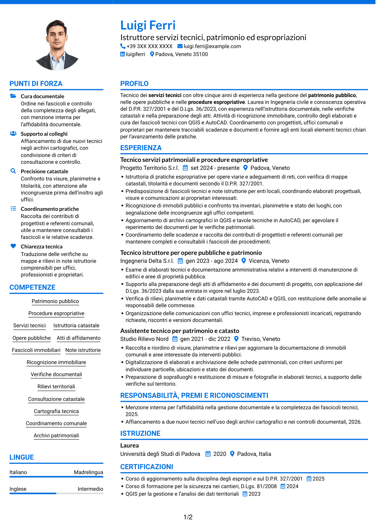 CV Audace (formato a due colonne con accenti colorati e foto): Istruttore servizi tecnici - Patrimonio ed espropriazioni, pagina 1