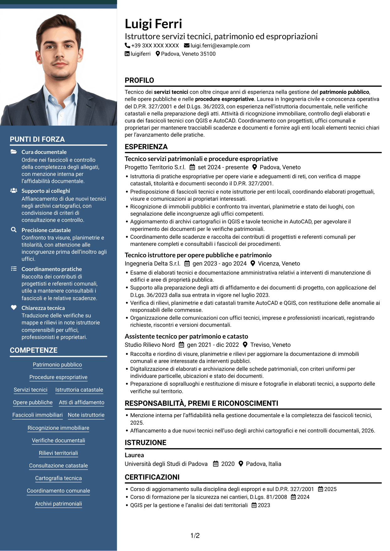 CV Signature (formato con colonna laterale colorata e foto grande): Istruttore servizi tecnici - Patrimonio ed espropriazioni, pagina 1