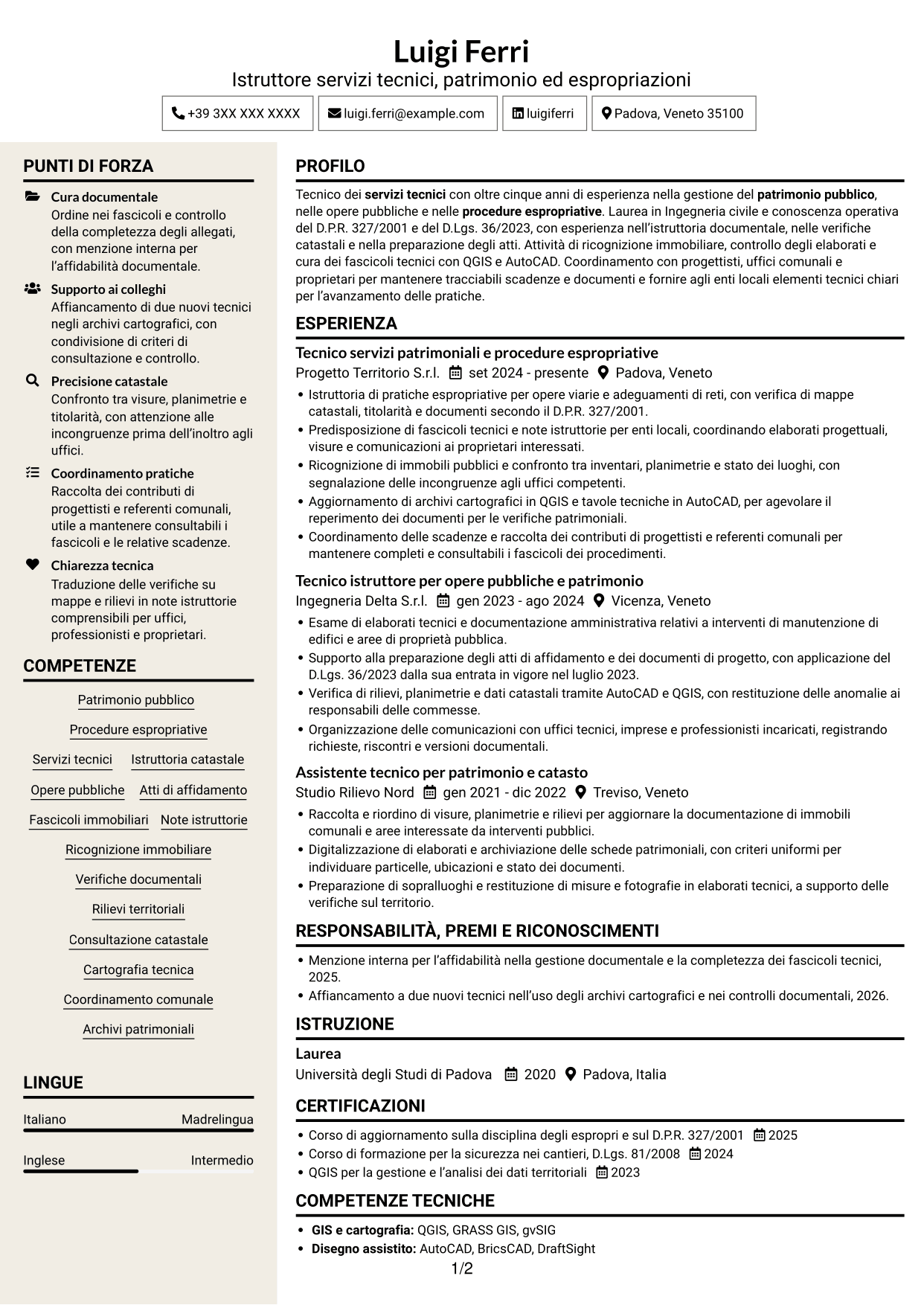 CV Intraprendente (formato a due colonne con intestazione centrata senza foto): Istruttore servizi tecnici - Patrimonio ed espropriazioni, pagina 1