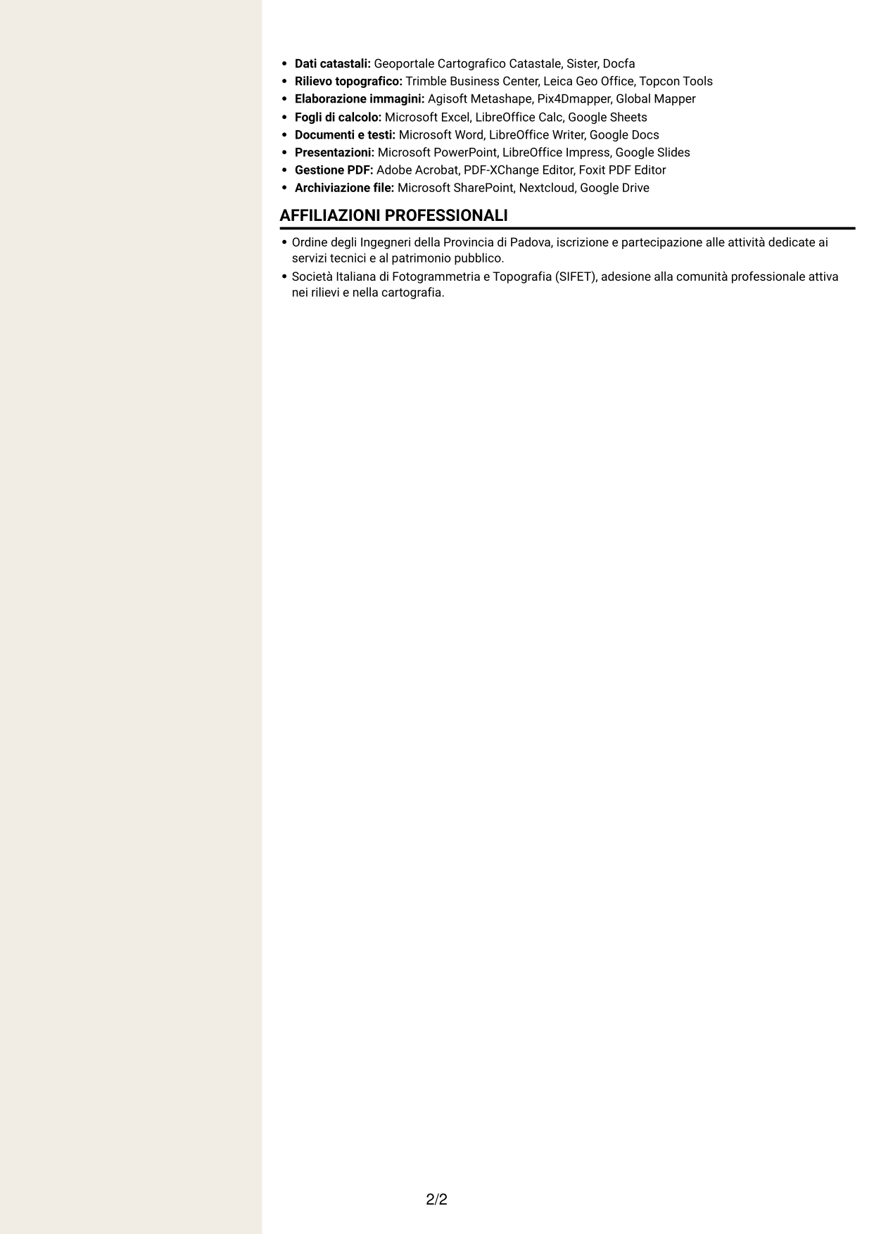 CV Intraprendente (formato a due colonne con intestazione centrata senza foto): Istruttore servizi tecnici - Patrimonio ed espropriazioni, pagina 2