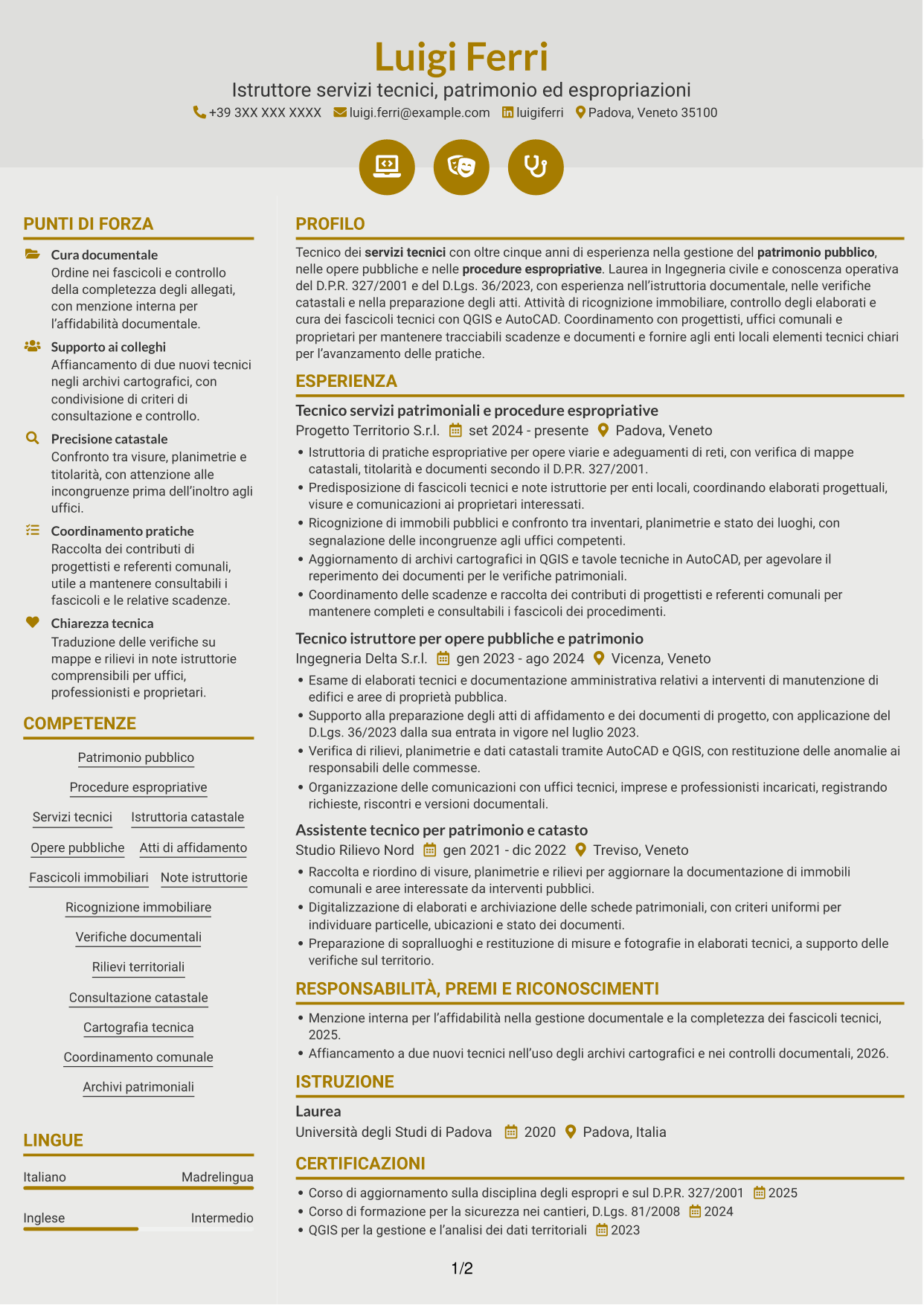 CV Dinamico (formato a due colonne con icone): Istruttore servizi tecnici - Patrimonio ed espropriazioni, pagina 1