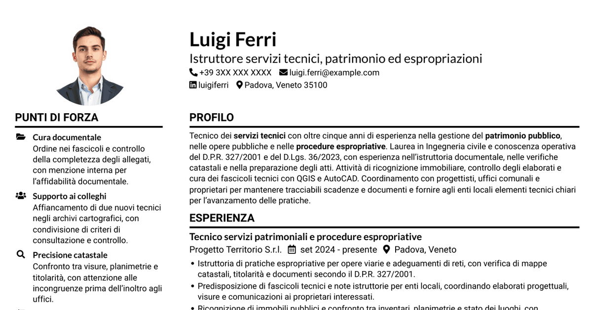 7 modelli di CV per Istruttore servizi tecnici - Patrimonio ed espropriazioni, con esempi