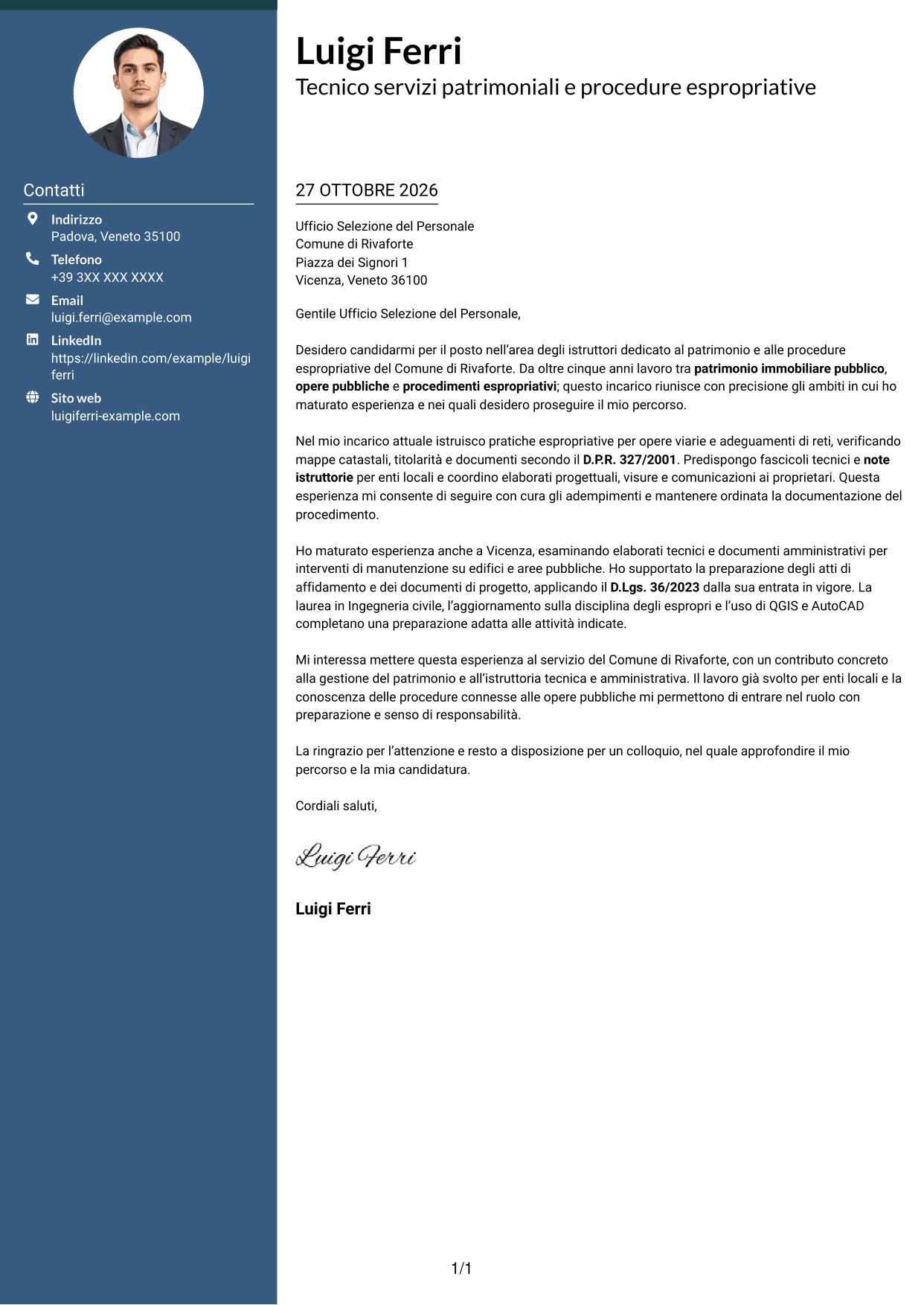 Lettera di presentazione Elegante (formato con colonna laterale colorata e foto): Istruttore servizi tecnici - Patrimonio ed espropriazioni, pagina 1