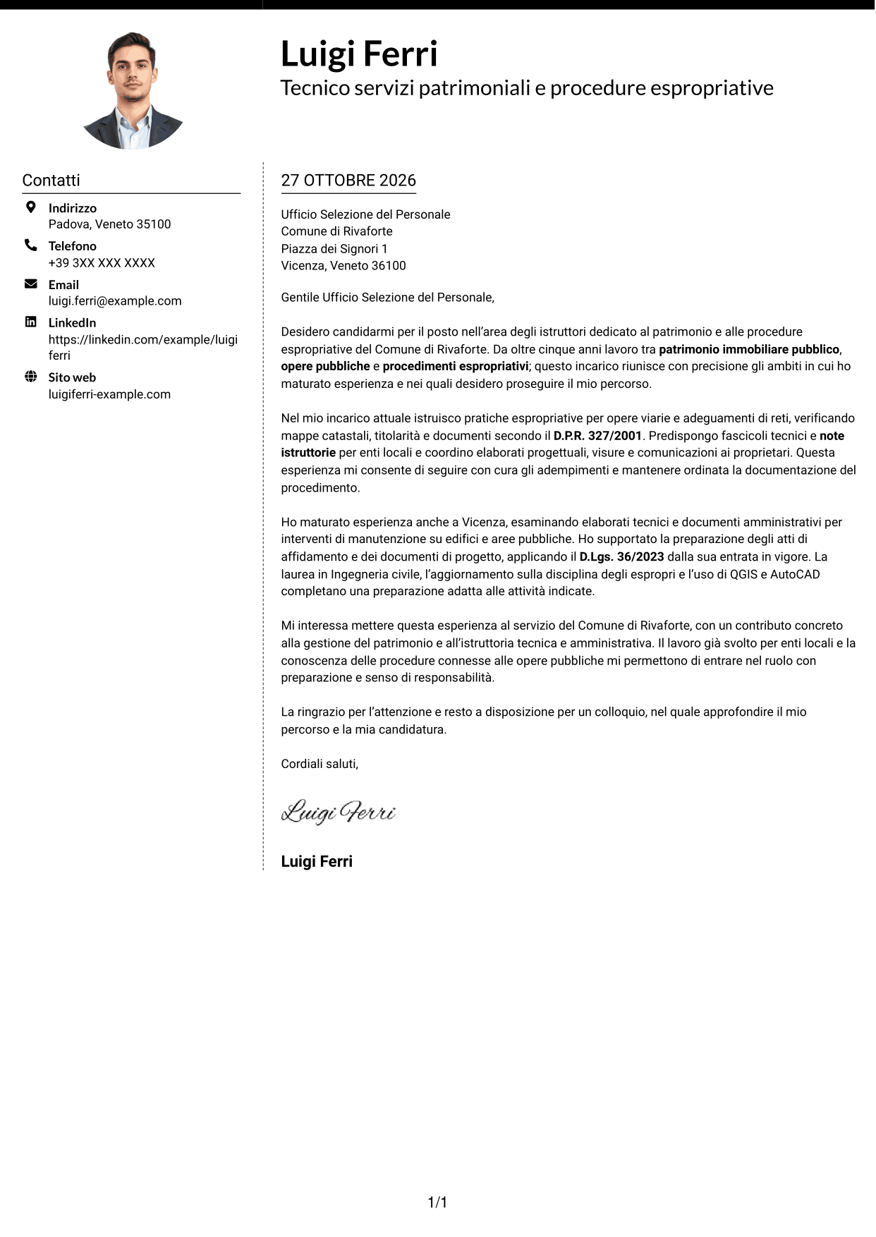 Lettera di presentazione Moderno (formato a due colonne con foto a sinistra e separatore): Istruttore servizi tecnici - Patrimonio ed espropriazioni, pagina 1