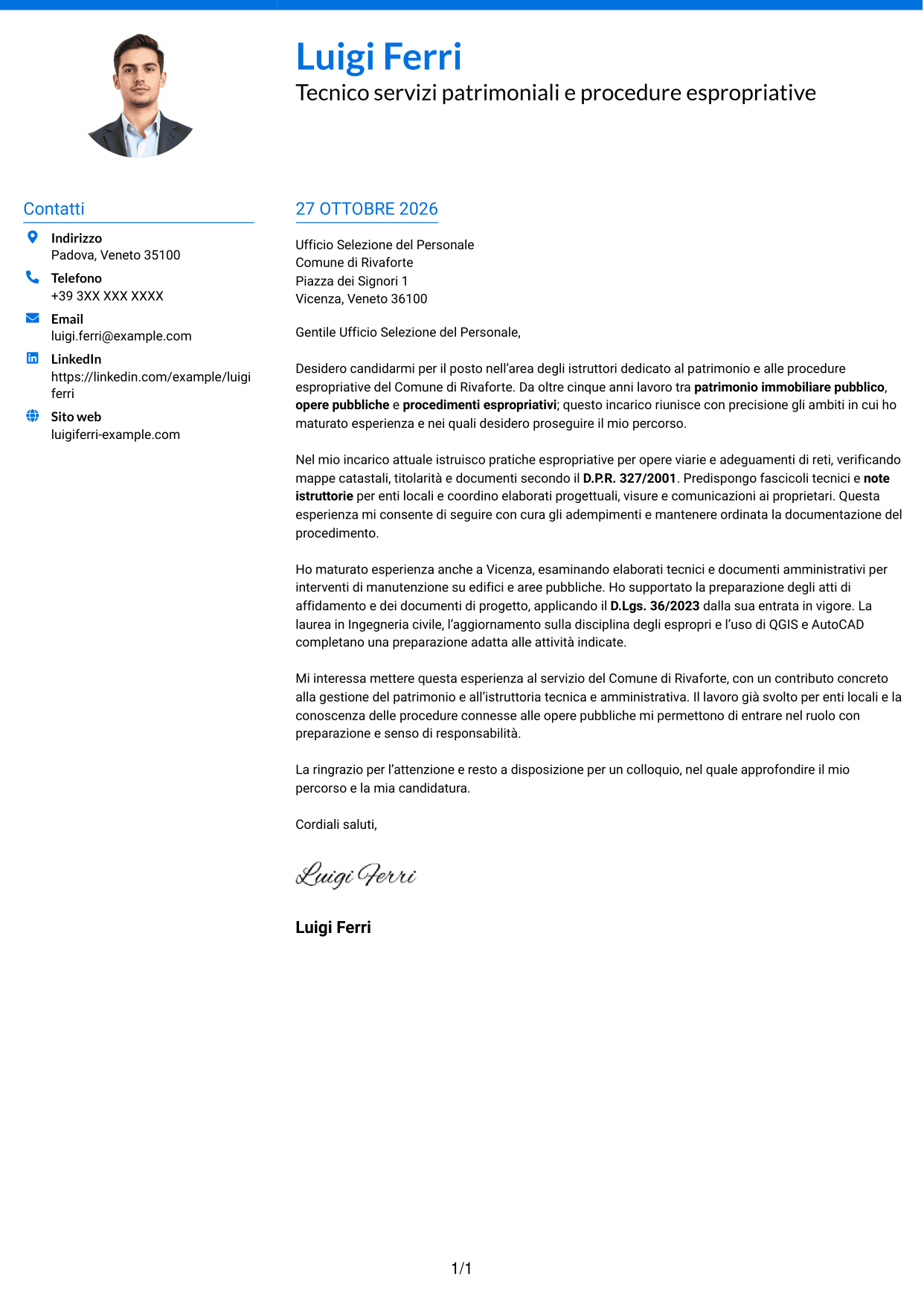 Lettera di presentazione Audace (formato a due colonne con accenti colorati e foto): Istruttore servizi tecnici - Patrimonio ed espropriazioni, pagina 1